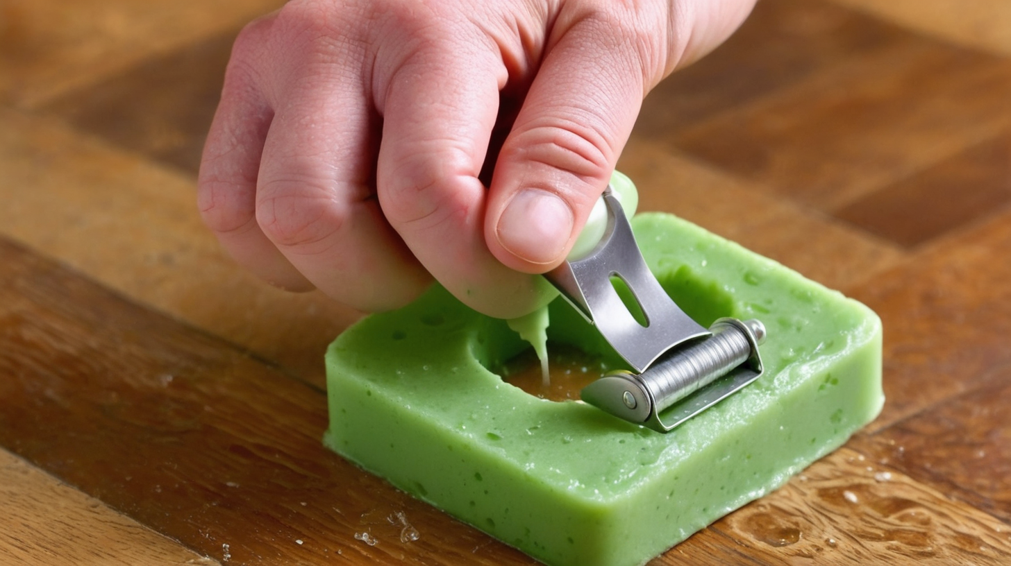 image hand holding a peeler on a green soap on wood floor.