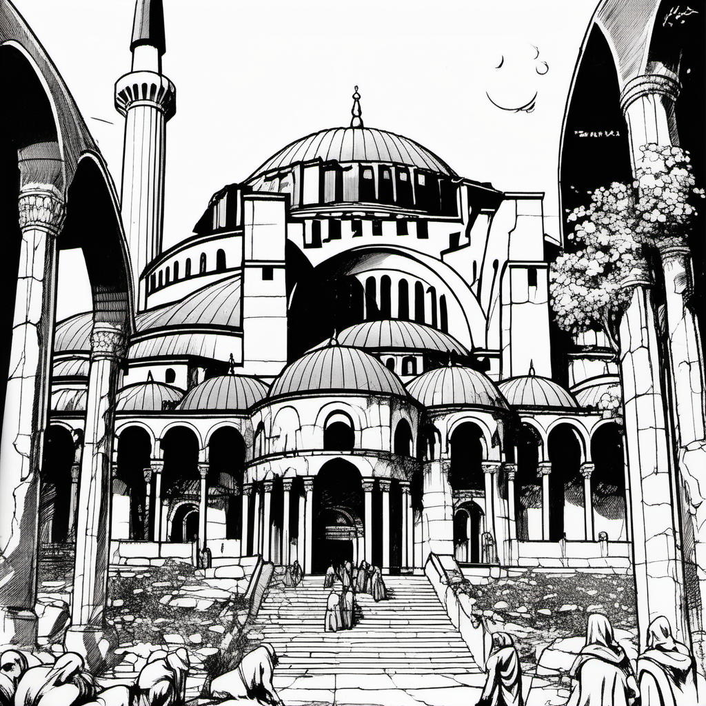 inked art comic book style JOHN BUSCEMA of Haga Sofia in Turkey
