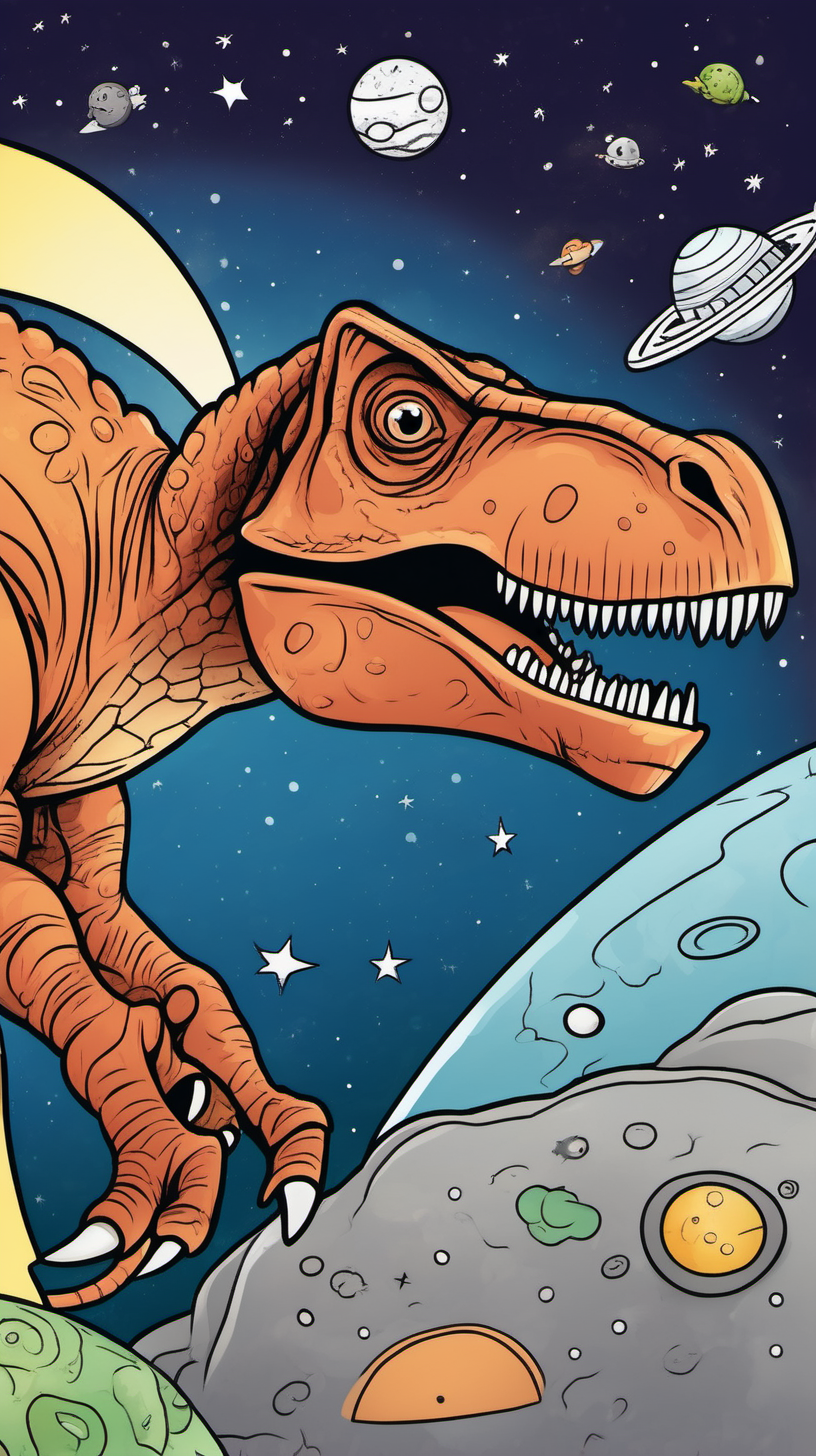 Cover of a children's coloring book about a dinosaur in space