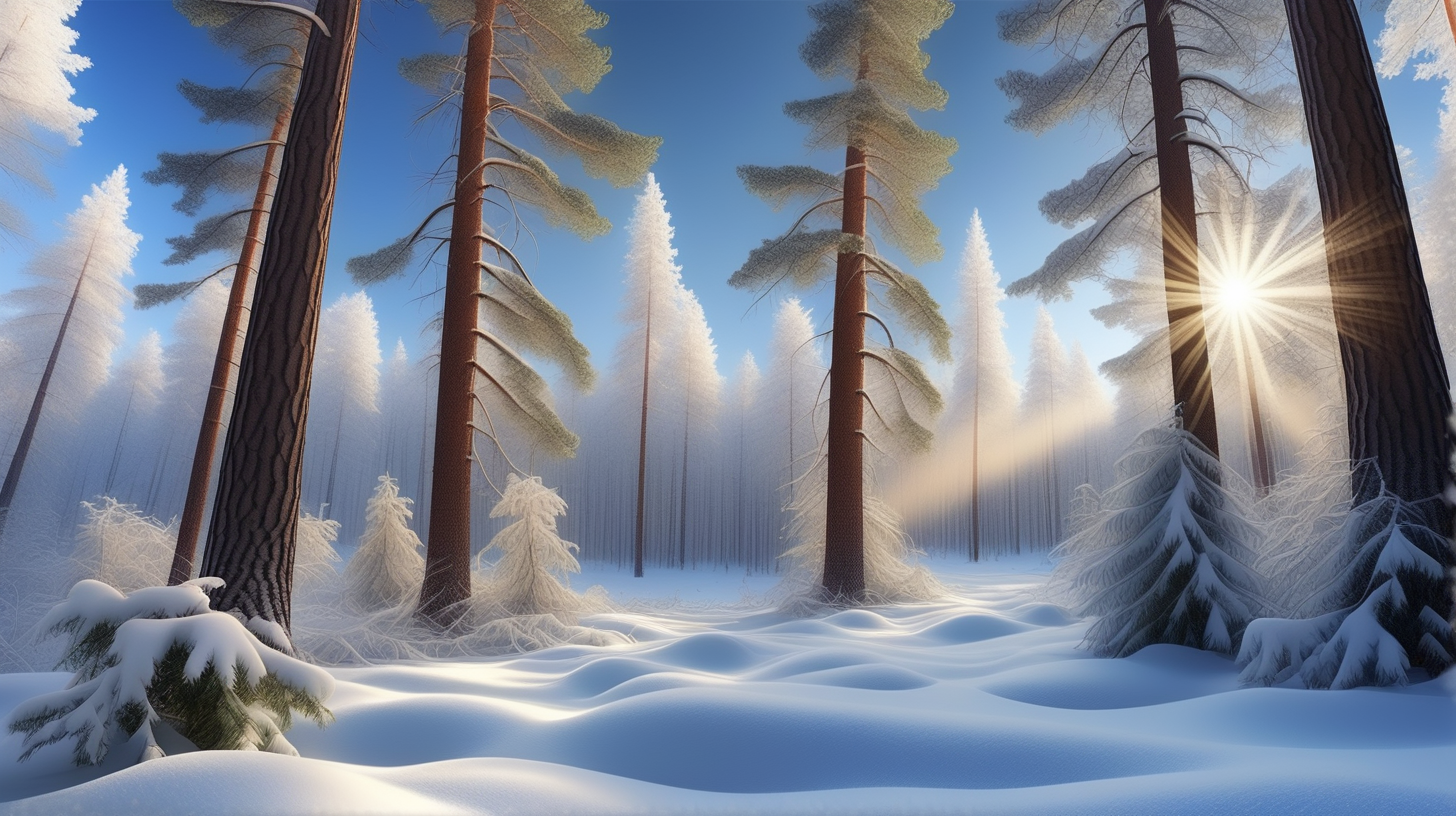 В лесу зима,  солнце светит ярко на синем небе, падает снег , снежинки кружатся в воздухе и ложатся на деревья высокие сосны, ели, дубы  и  на землю, образуют огромные сугробы