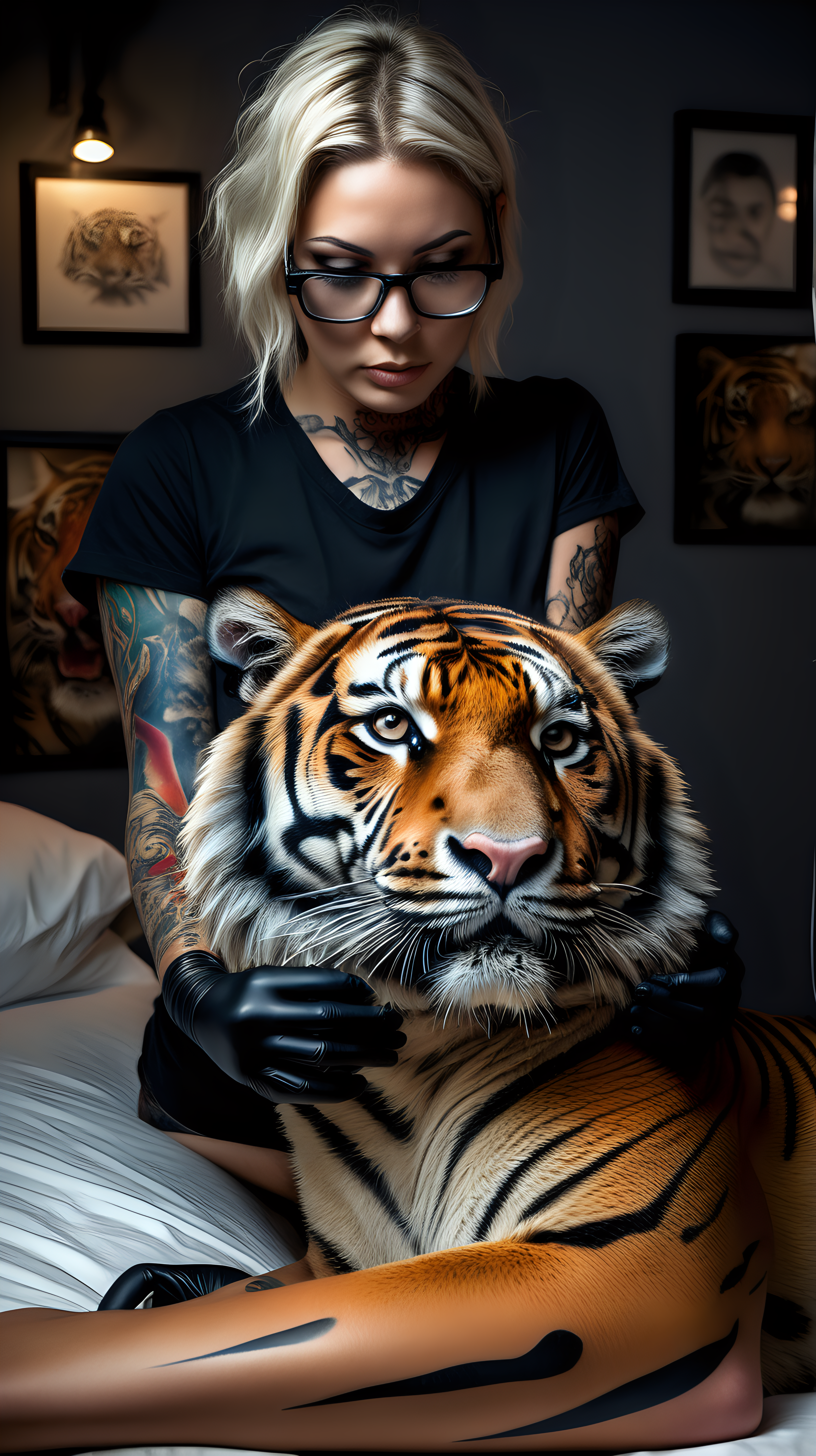 /imagine prompt :An ultra-realistic photograph capturing a sureal Tattoo performance scene. a human tattooing a tiger 
<camera> canon 5d mark III, equipped with an 85 lens at F 5.8 aperture setting
<location> a  tattoo studio beside an crowed street
<light> Soft spot light gracefully illuminates the subject’s body, casting a dreamlike glow.
/describe : a beautiful  woman that she is a tattoo artist with glasses and black shirt ,has black nitrile gloves, has a black surgical mask, seated beside the  client bed, tattooing on a real wild tiger's body! a golden tattoo machine in his hand.
–no tattoos on head 
 woman  has natural beauty with beautiful blonde short hair  .
a real tiger laid gently on tattoo client's bed same as a tattoo client to taking tattoo on its body creating a sureal scene.
The background is black , absolutely blurred, highlighting the subjects.
The image, shot in high resolution and a 16:9 aspect ratio, captures the subject’s natural beauty and personality with stunning realism
–seed<>
–ar 9:16 –v 5.2 –style raw
