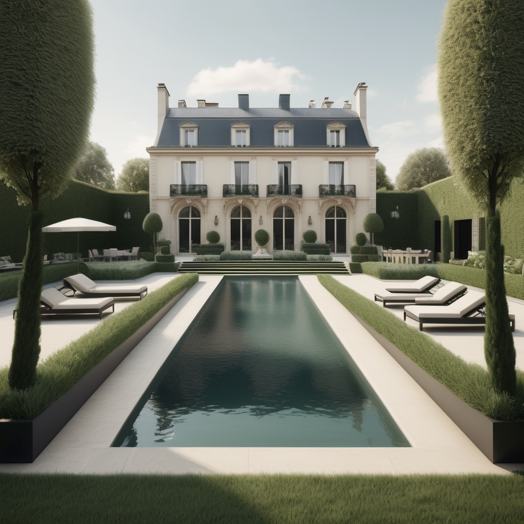 hyperrealistic image of a modern parisian estate pool; lush sprawling lawn and gardens; beige, ivory and black;
