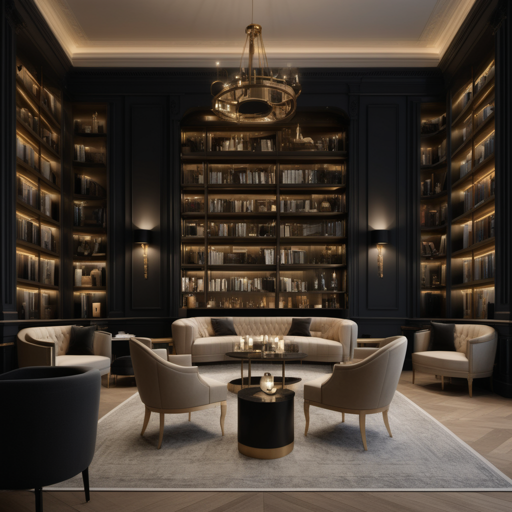 a hyperrealistic grand modern Parisian open plan library and bar  at night with mood lighting  in beige, oak, brass and black
