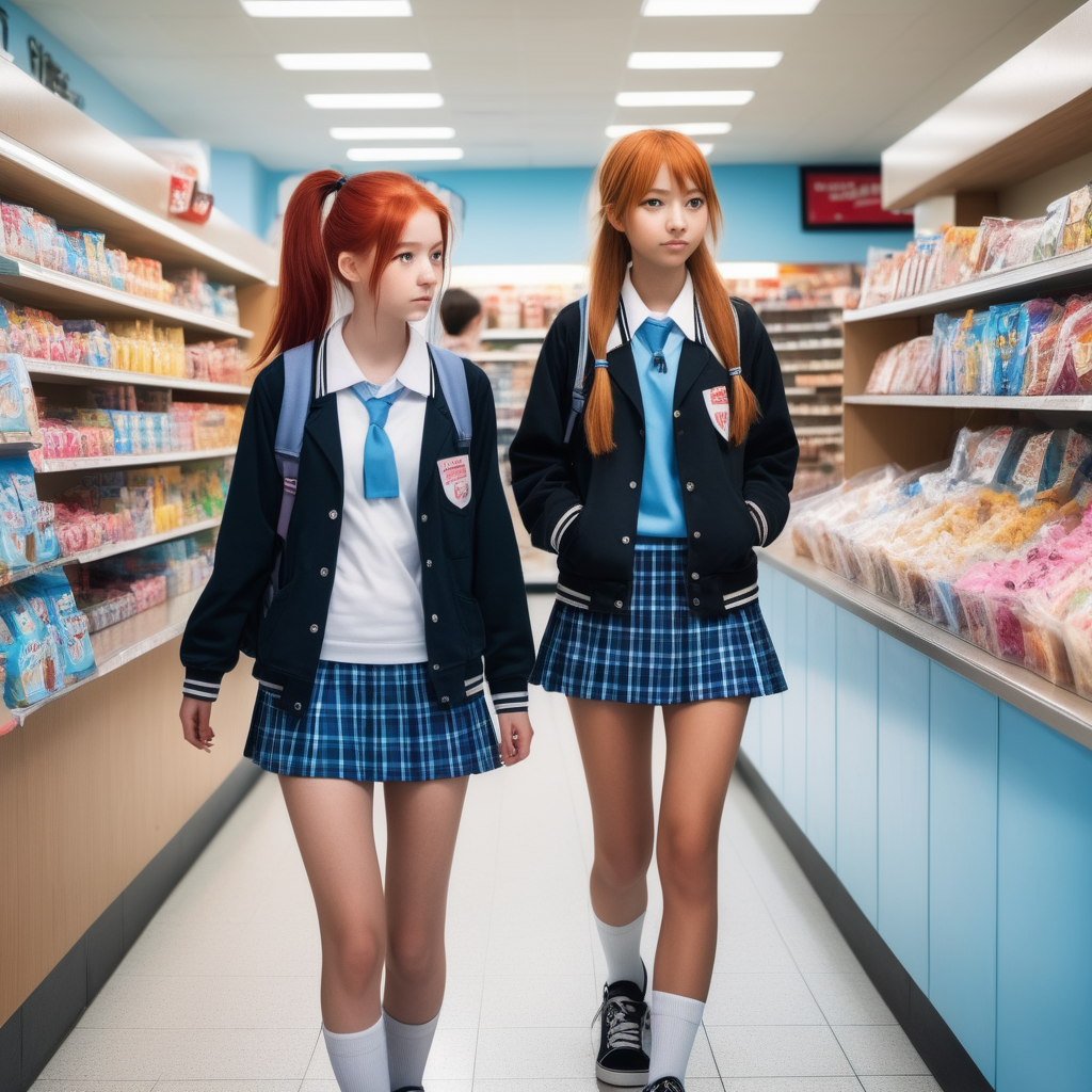 The same teenage girl walks to a convenience store with three other female friends. One girl has her red hair in a ponytail. Another has long brown hair. And the other two have long blonde hair. School uniforms and backpacks. The uniform is a short blue plaid skirt and a black jacket. all of them have white sneakers. We can't see their faces. They're buying cupcake mix and candy. The convenience store is small. The skinny, kind woman stands behind the counter. She was wearing a light blue uniform. 