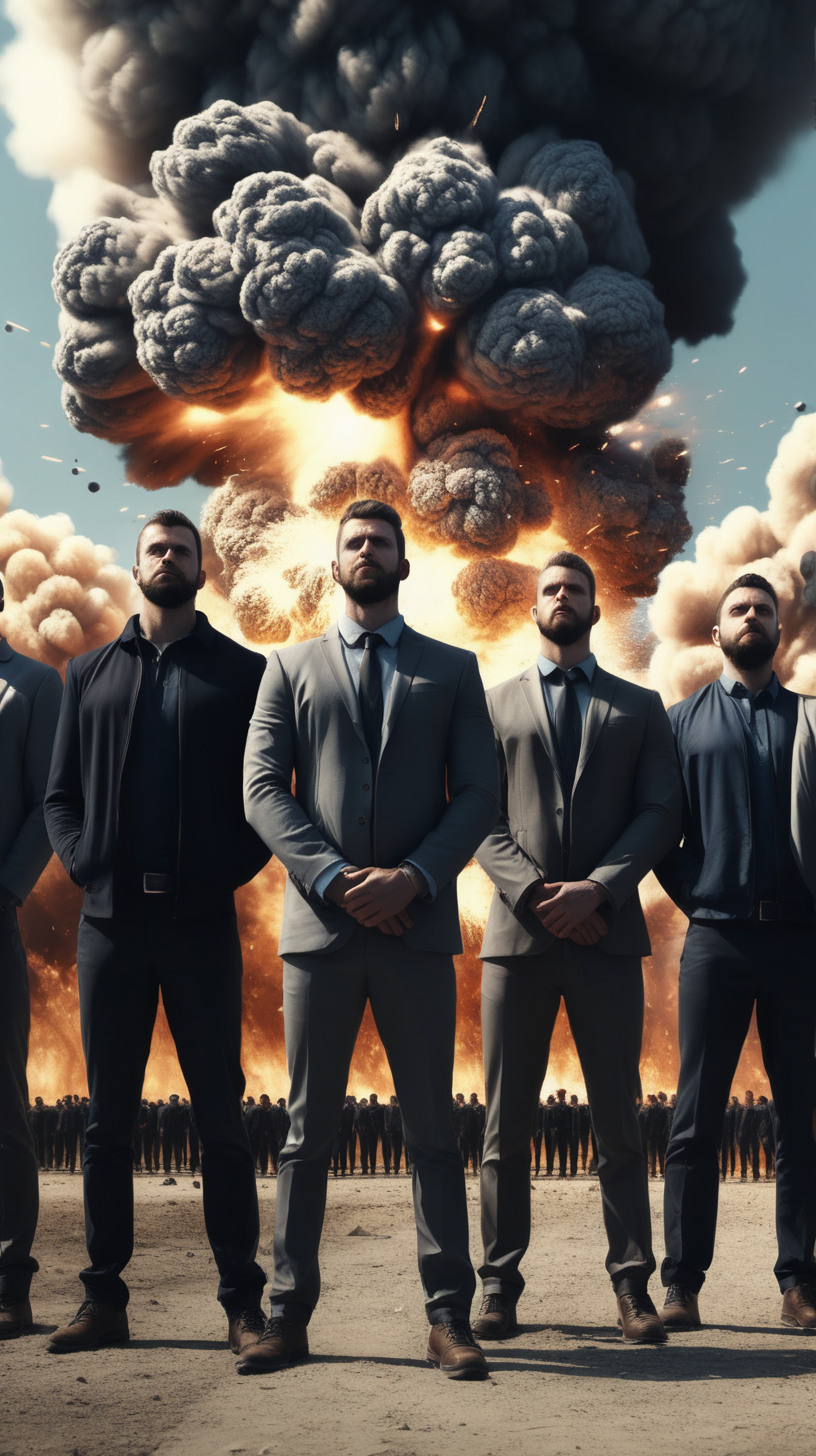 lots of men standing in a row strong with an explosion behind them 4k
