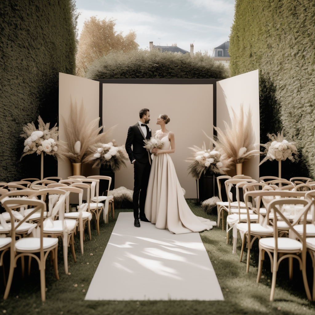 a hyperrealistic image of a grand Modern Parisian garden wedding in a beige oak brass and black colour palette