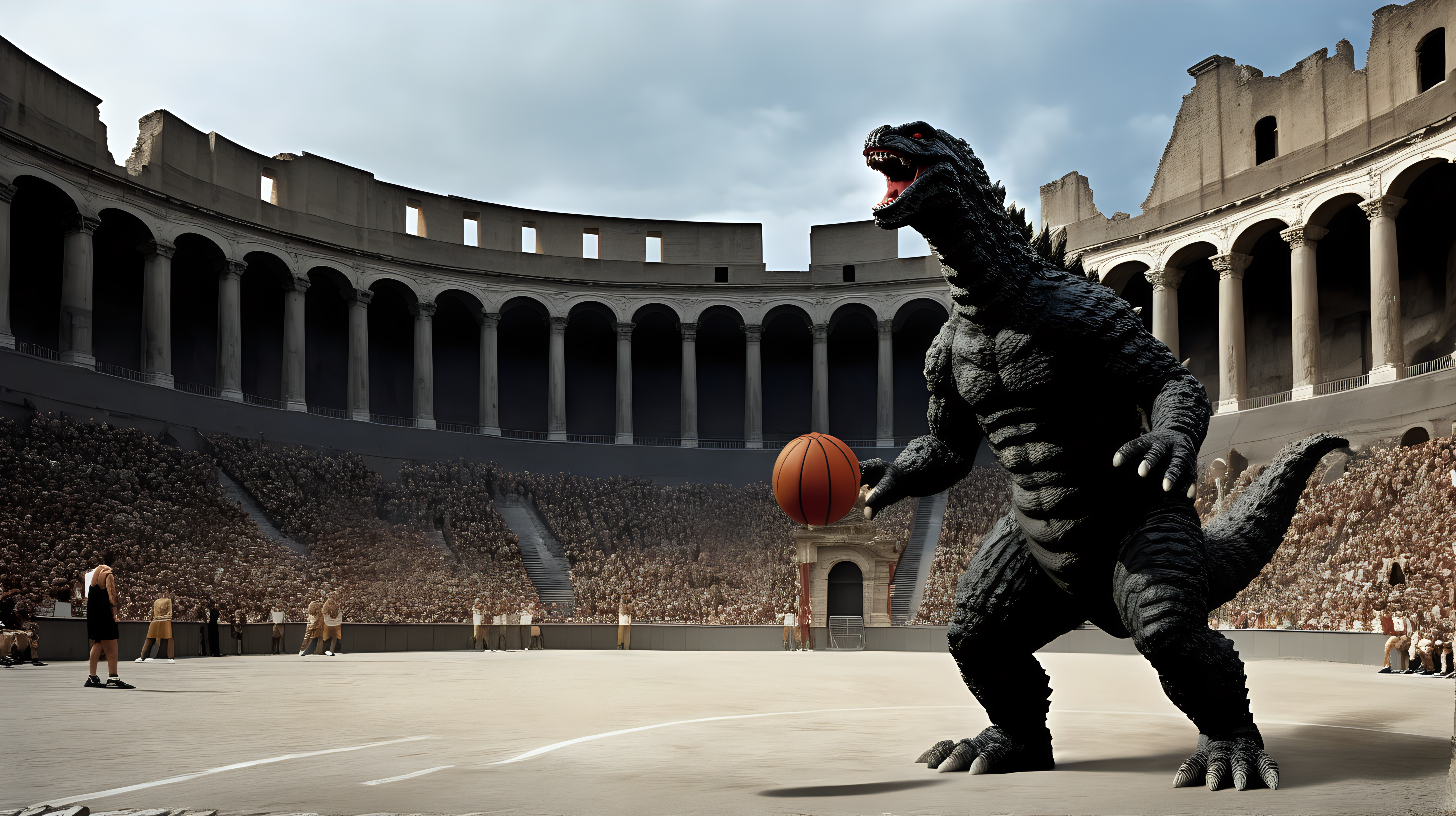 Godzilla playing basketball in the Roman coliseum