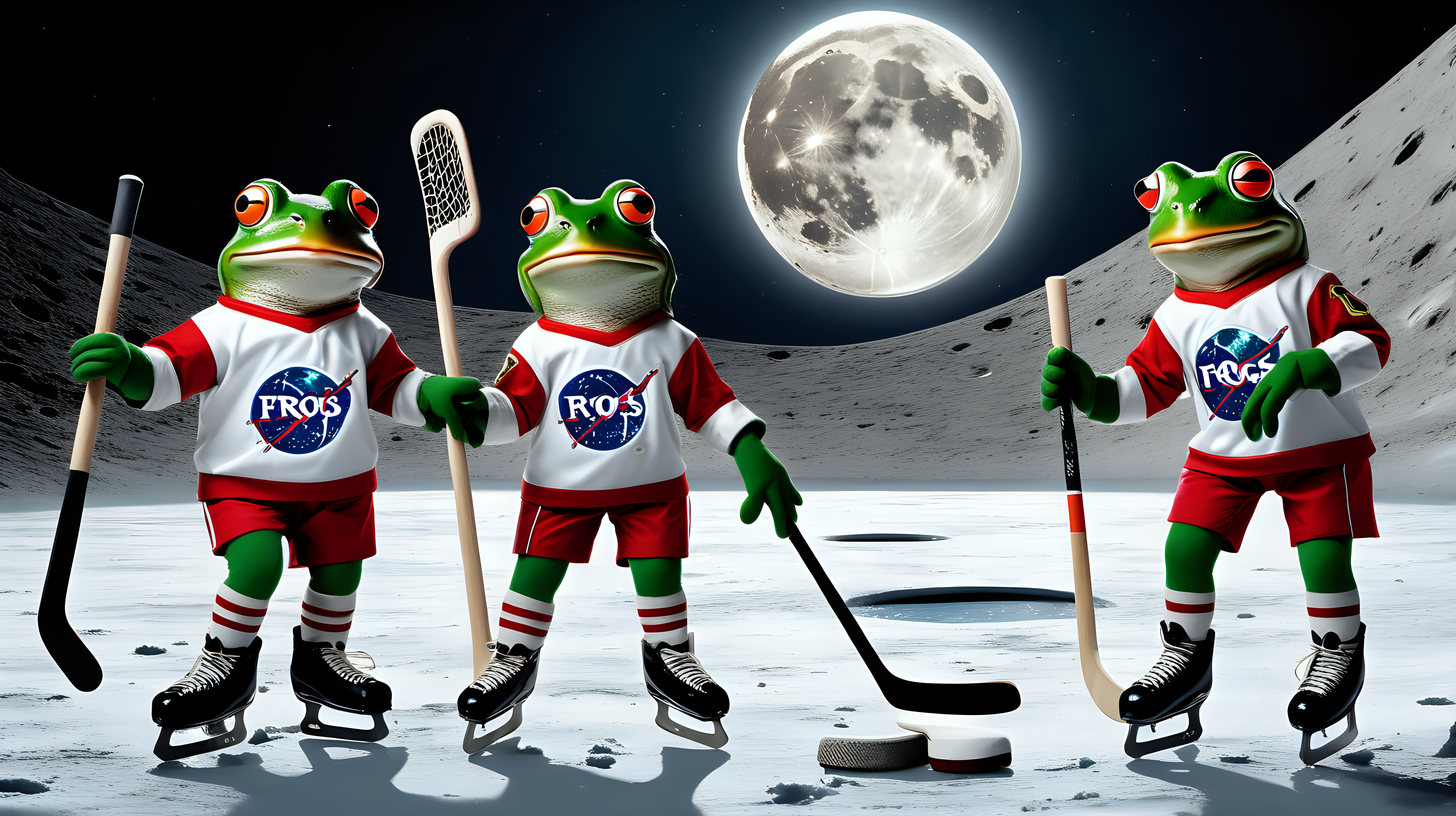 frogs dressed in uniforms and ice skates playing