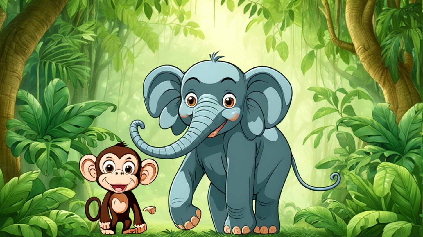 cartoon monkey and elephant together in a green jungle