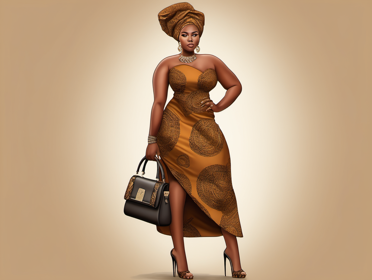 A full body realistic image of a  curvy light brown skin female wearing african brocade dress with headtie wearing heels and handbag that’s says : I AM BLESSED