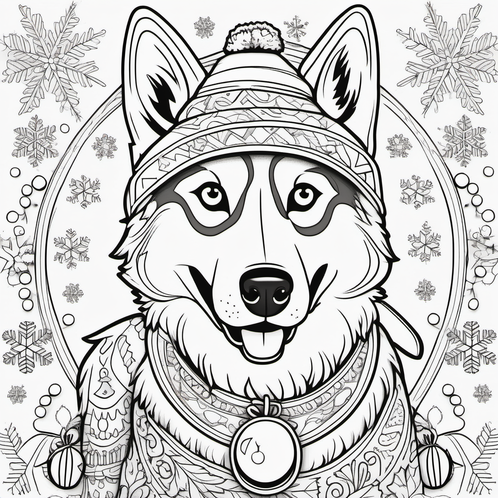 coloring book page husky christmas themed