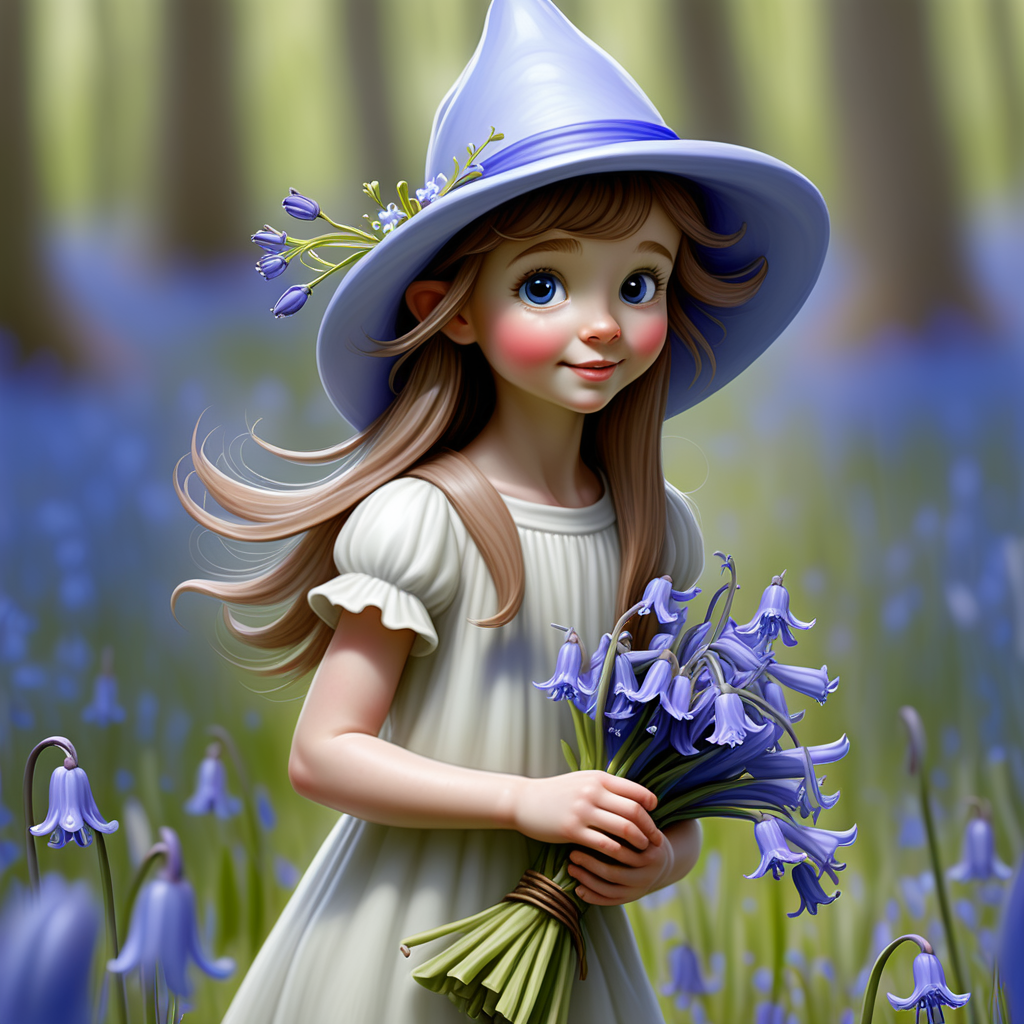 /envision prompt: "Bluebell Meadow Sprite" - Envision a sprite nestled among bluebells, wearing a bluebell hat and carrying a tiny bouquet, radiating joy in the style of Cicely Mary Barker, all on a plain white backdrop.