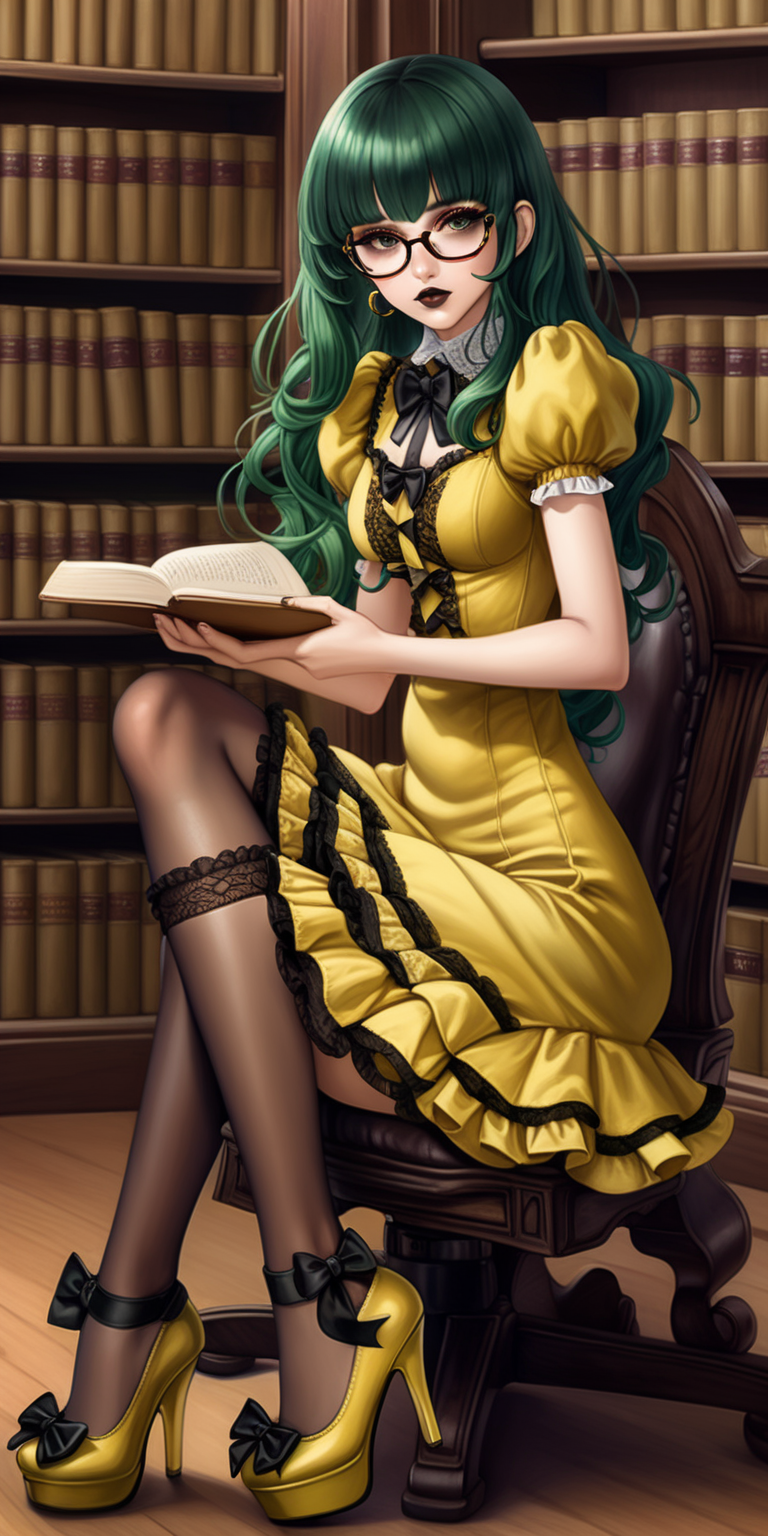 Anime woman with dark green hair and large lips with glossy dark brown lipstick and heavy makeup wearing a frilly yellow dress, black stockings, yellow heeled mary jane shoes, lots of bows and lace, wearing glasses. sitting in a library. Vacant expression