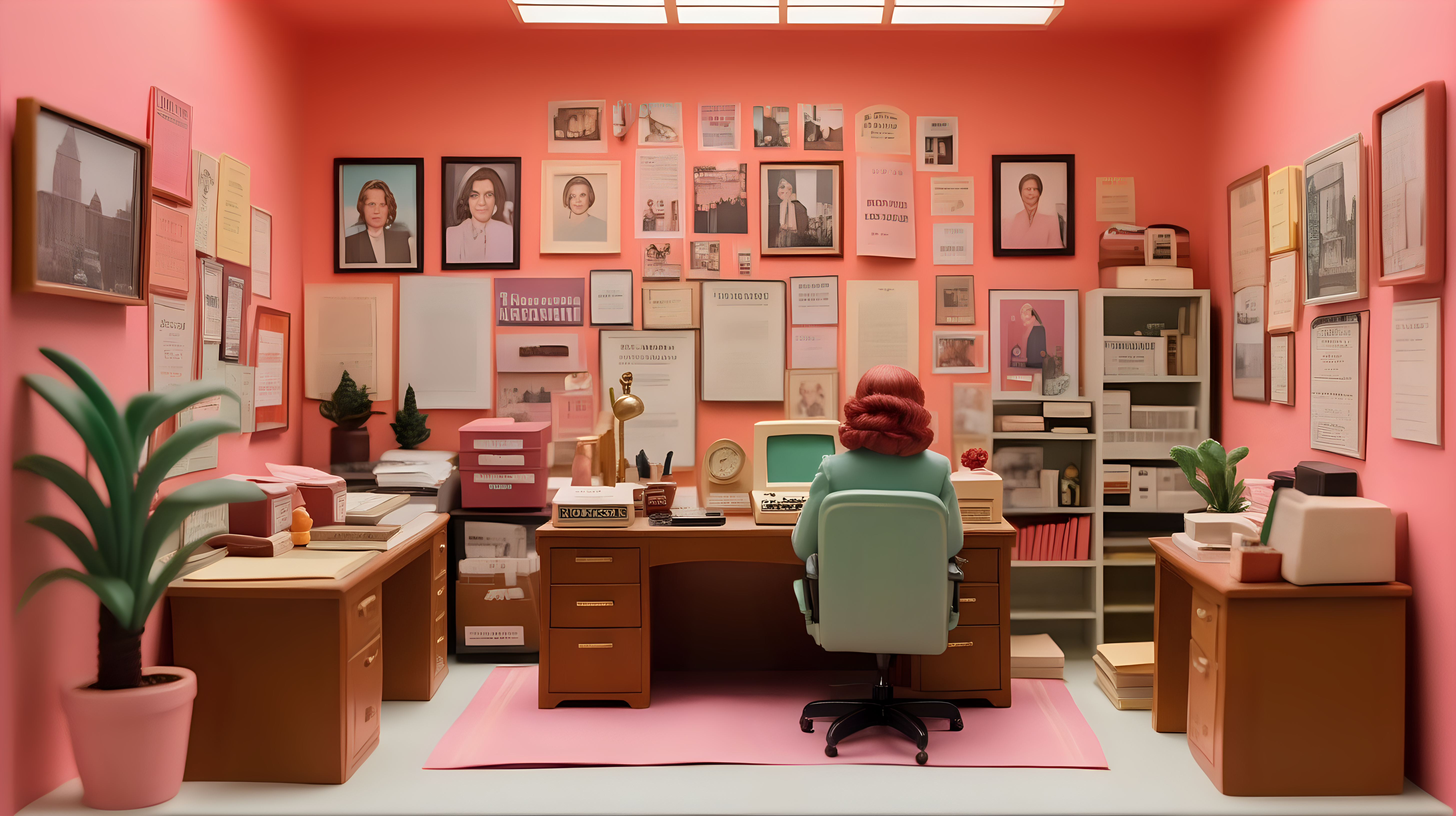 close up, high quality photograph of a diorama  of  feminist magazine offices in the style of a wes anderson movie
