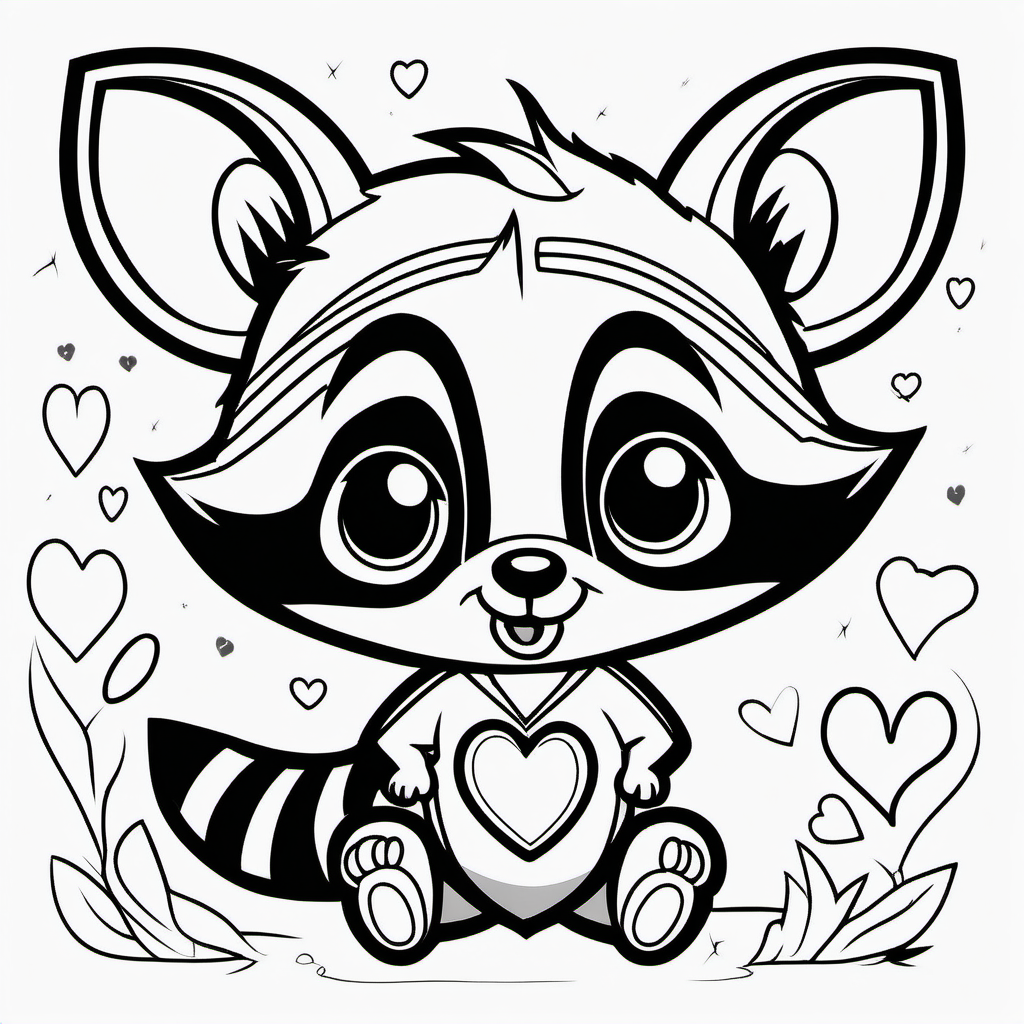 super Adorable little racoon line art coloring book page, valentine hearts, black and white, sweet smile, character full body, so cute, excited, big bright eyes, shiny and fluffy,
fairytale, energetic, playful, incredibly high detail, 16k, octane rendering, gorgeous, ultra wide angle.