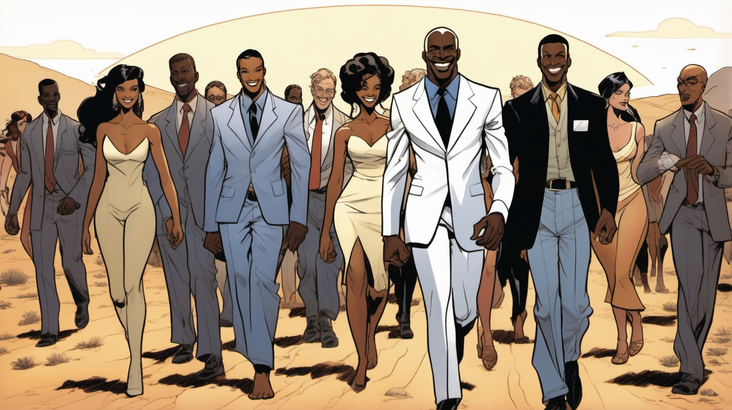 a black man with a smile leading a group of gorgeous and ethereal white,spanish, & black mixed men & women with earthy skin, walking in a desert with his colleagues, in full American suit, followed by a group of people in the art style of bruce timm comic book drawing, illustration, rule of thirds