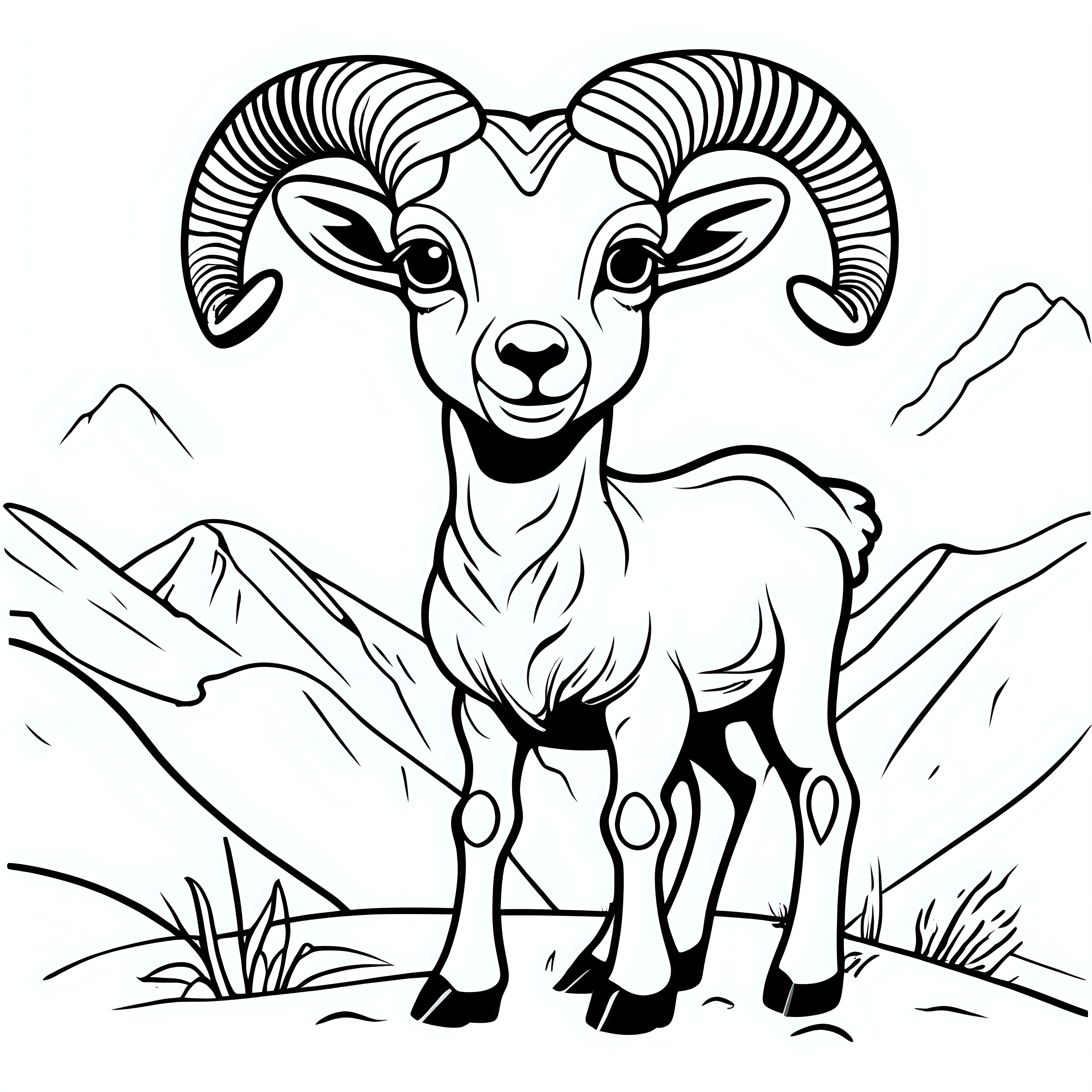Create a cute baby Bighorn sheep, outline in black, coloring book for kids