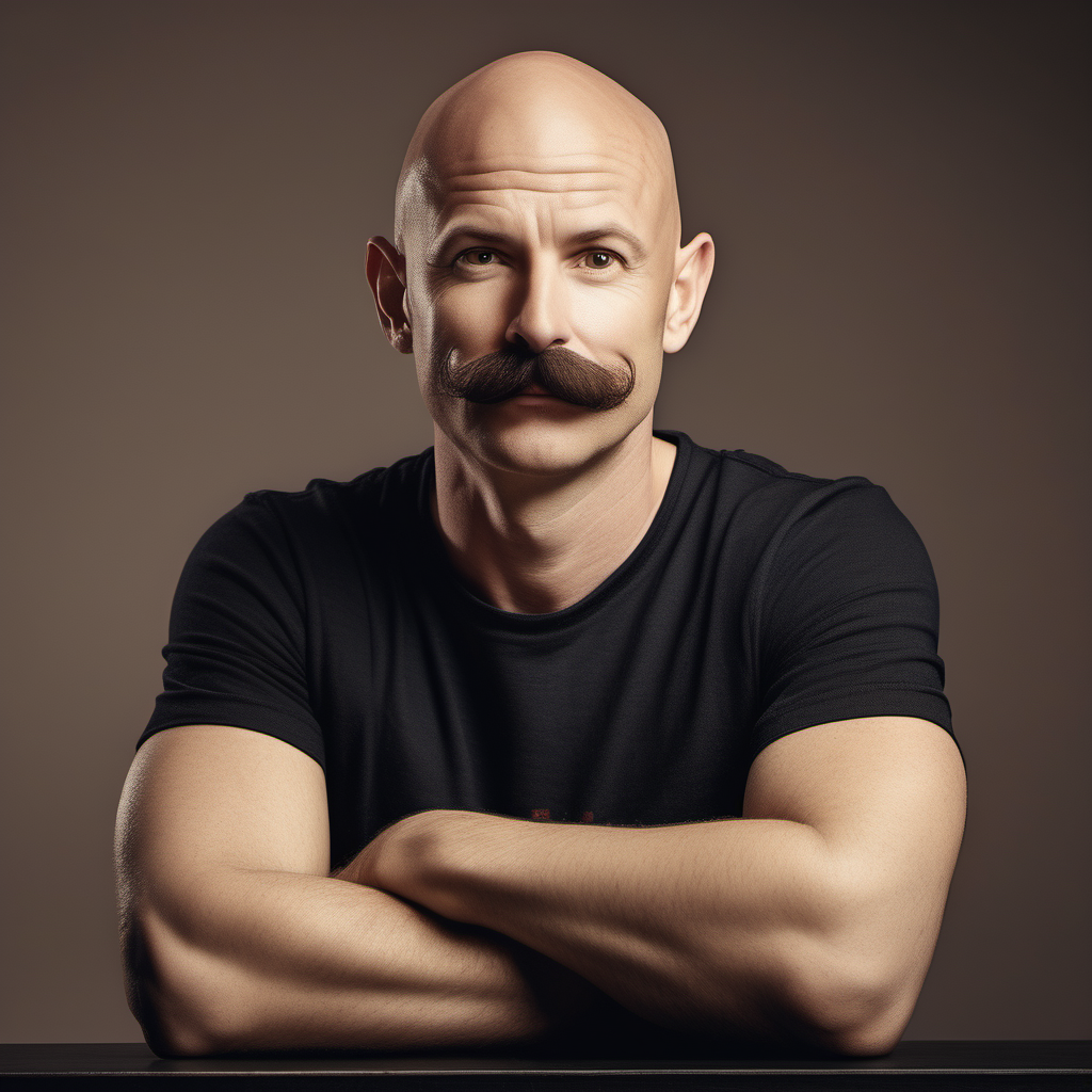 creative director, white man, 40 years old, black t-shirt, bald, brown moustache, pointed ears, pear-shaped face, brown eyes and rather large nose sitting an advertisin agency environment