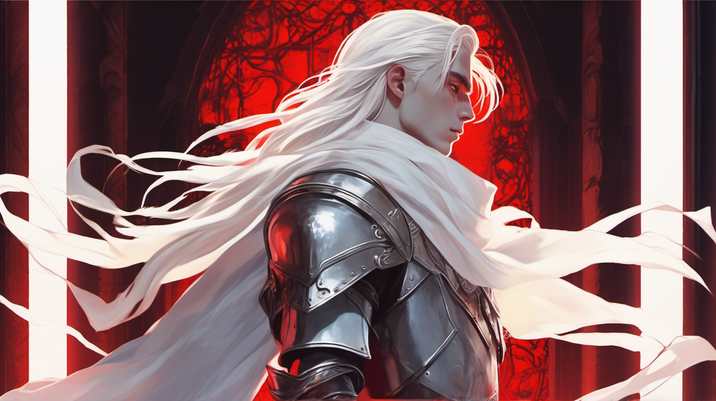 a slender handsome teenage angel with high cheekbones and long white hair in armor, white scarf, in profile, lit by red light underground