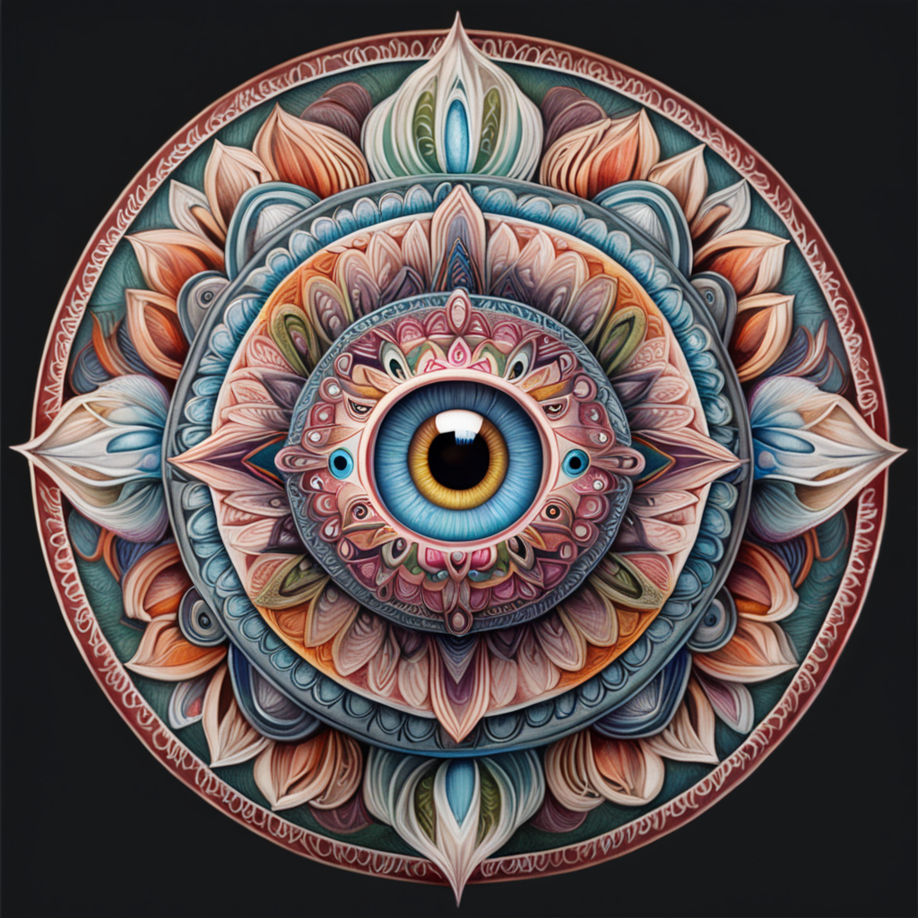 realistic colors, clear lines, detailed, symmetrical mandala, eyeballs