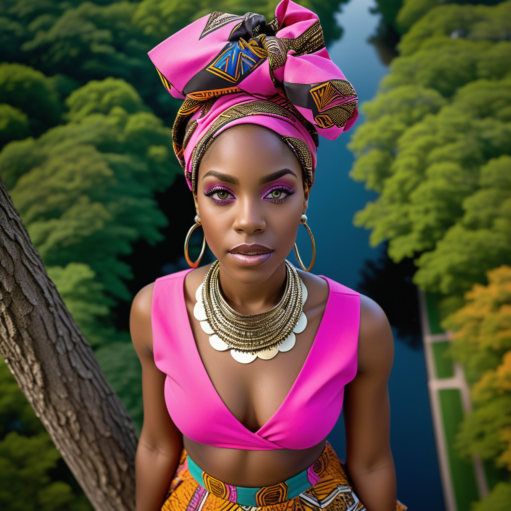 Beautiful Black woman with tribal markings on her eyes and forhead, wearing a multi color African headwrap and African print Skirt, wearing an asymetric  style, pink cotton blouse that ties across the midsection, down to the ankles,  Vibrant images that represent African heritage, In Central Park, looking straight up into the sky, view looking straight down on subject from an aerial view 100 feet up, 4k, high definition, high resolution, light source from above right
