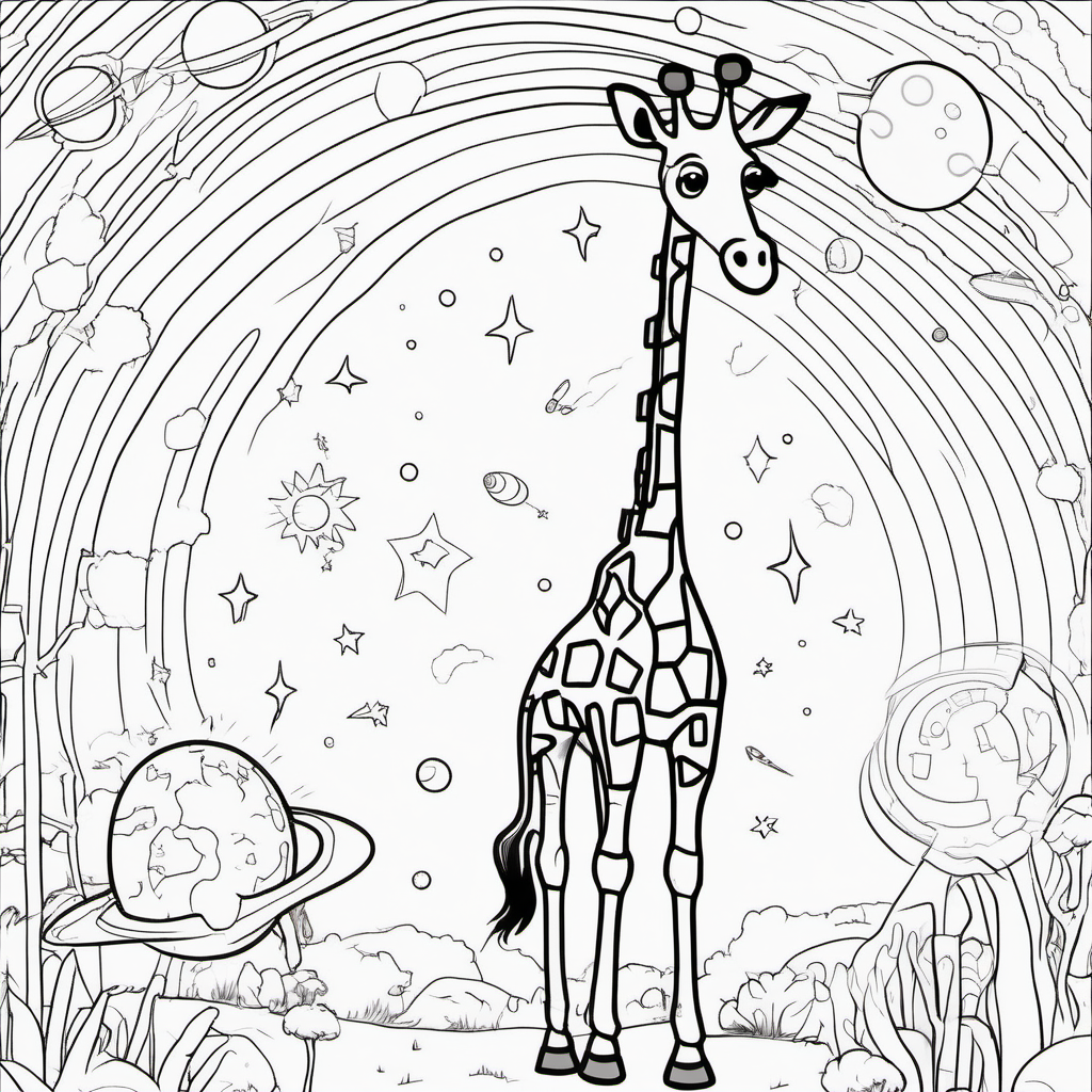 imagine colouring page for kids Giraffe Cosmic Adventure