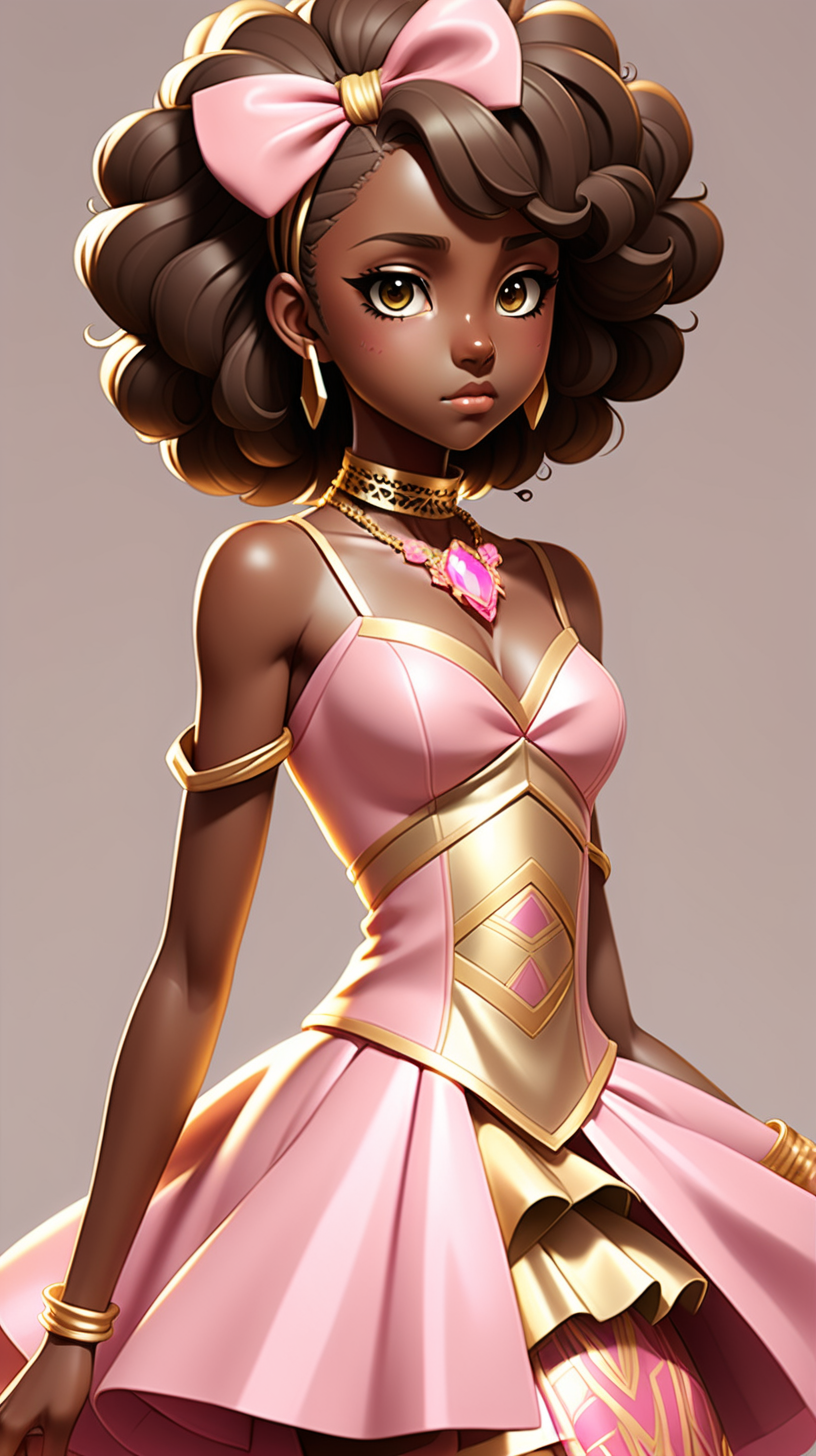 an anime girl with a pink and gold dress who is African American