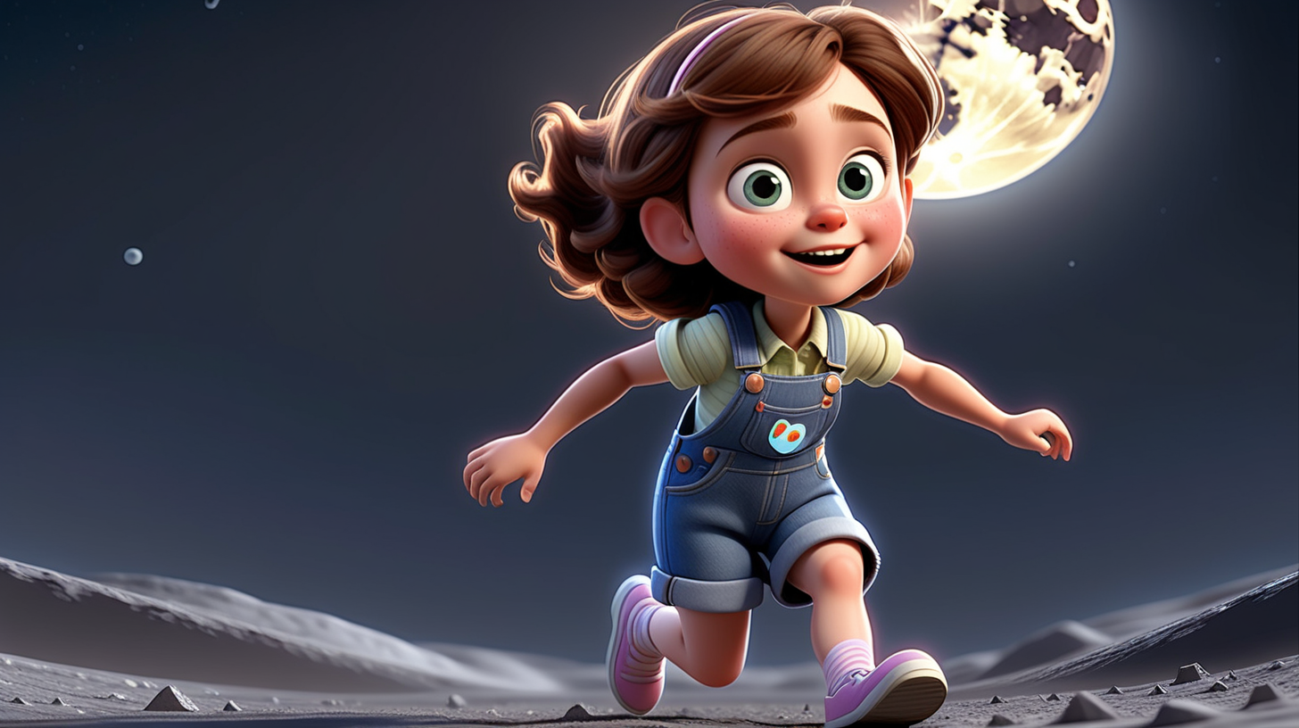 imagine 5 year old short girl with brown hair, fair skin, hazel eyes, wearing a denim dress overall, use Pixar style animation, make her running and make it full body size, standing on the surface of the moon