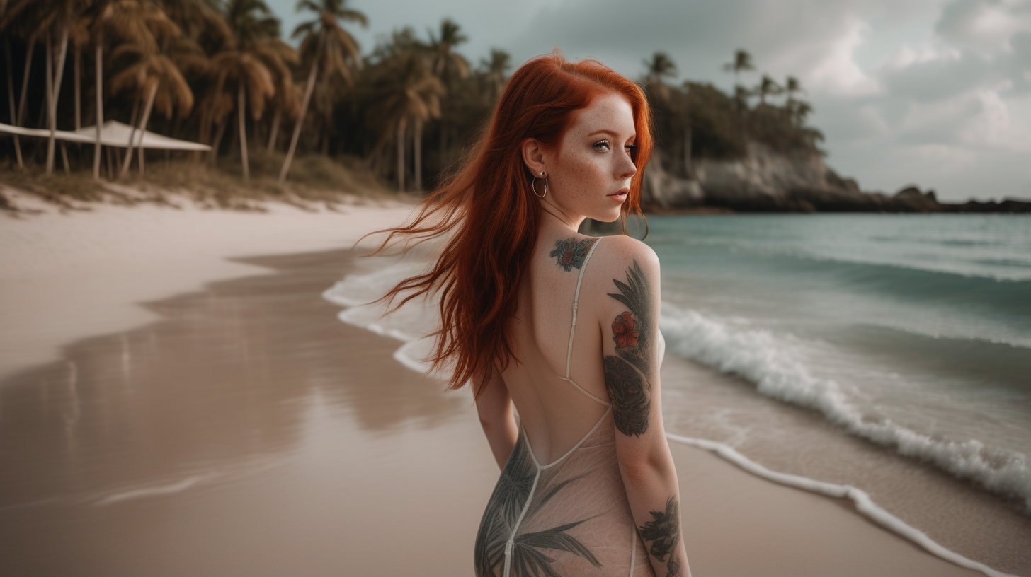 the photo is taken in a tropical beach. Only one girl is standing, She has her back to the camera and turns her head looking towards the camera. The girl is wearing a short Translucent alluring dress that reveals her body curves, what is made of a fabric which allows her skin to be seen through. redhead straight hair, she has a nose piercing and a wolf tattoo on her back. . She is looking back at the viewer with a sugestive look (almost inviting us to be there). The lighting in the portrait should be dramatic. Sharp focus. A perfect example of cinematic shot. Use muted colors to add to the scene.