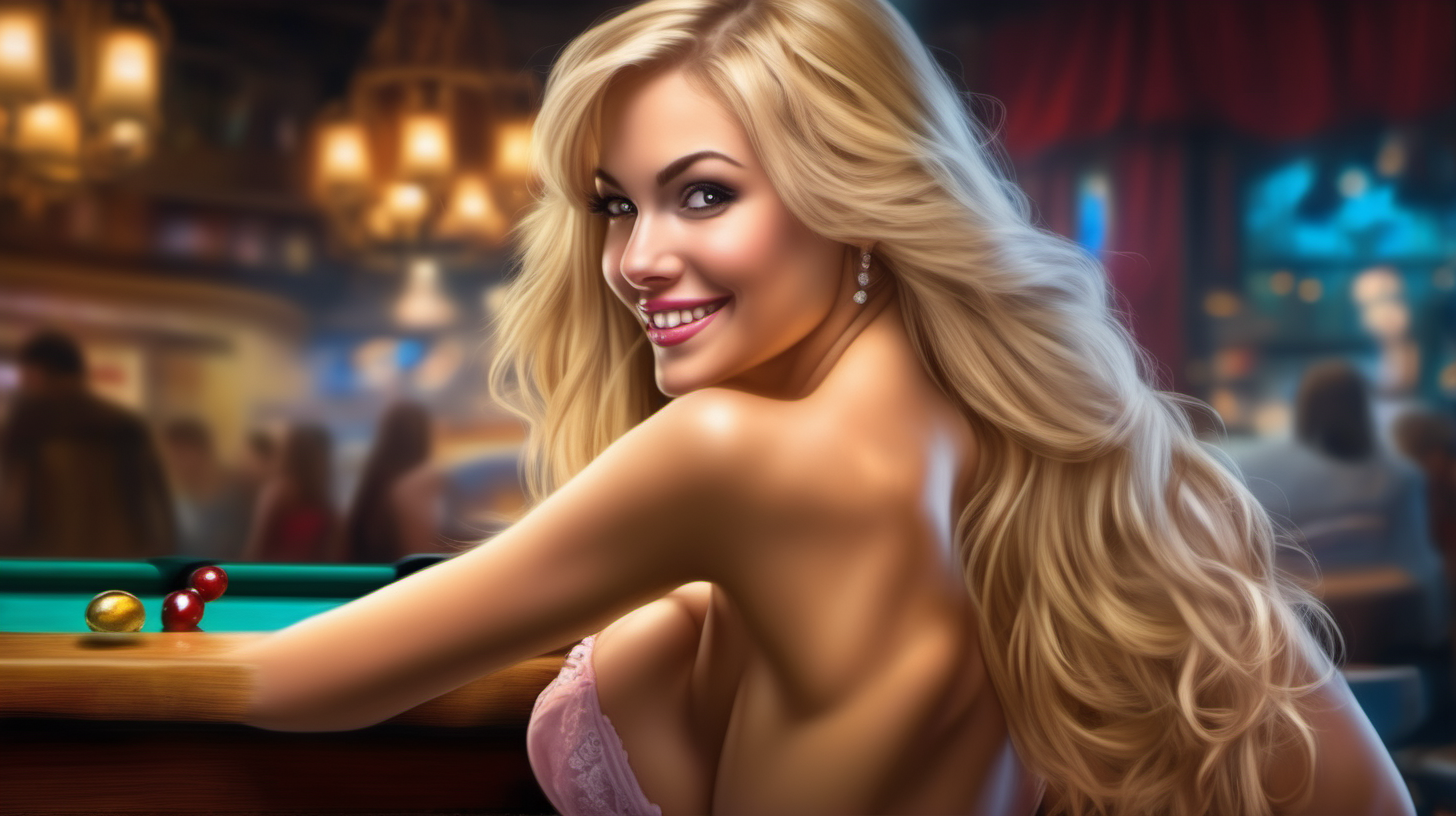2099 modern sexy realistic full color photo of a beautiful, long blonde hair, perfect body, big chest with teasing smile, great butt looking over her shoulder saloon girl.