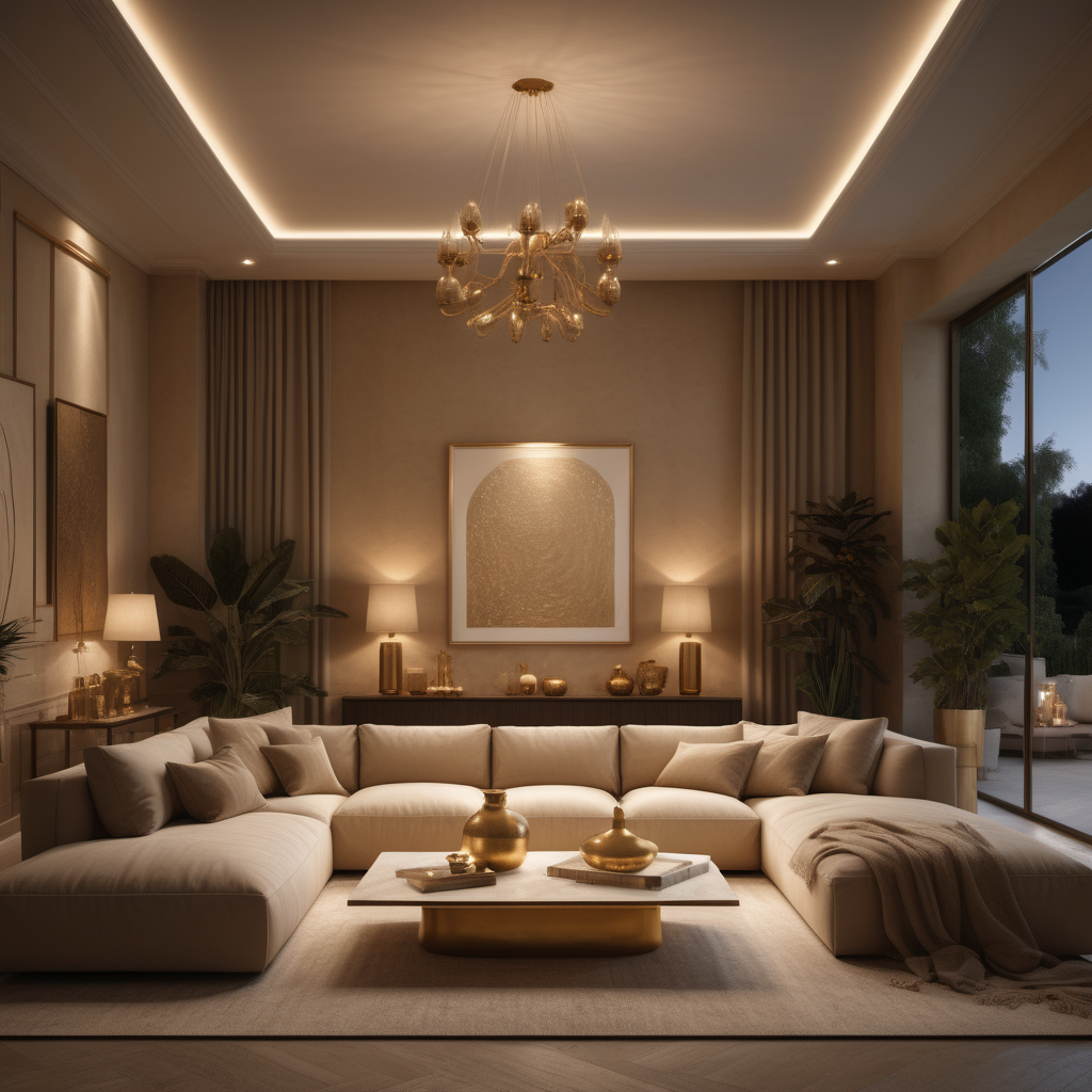 a hyperrealistic image of a grand Modern Meditteranean estate home lounge room; Beige, oak, brass colour palette; at night with mood lighting;
