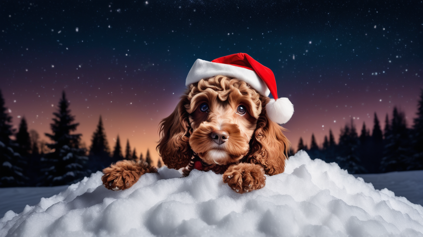 brown cockerpoo dog sticking its head out of a pile of snow, with a santas hat on. Beautiful night sky and forest in the back.Disney 50'es style