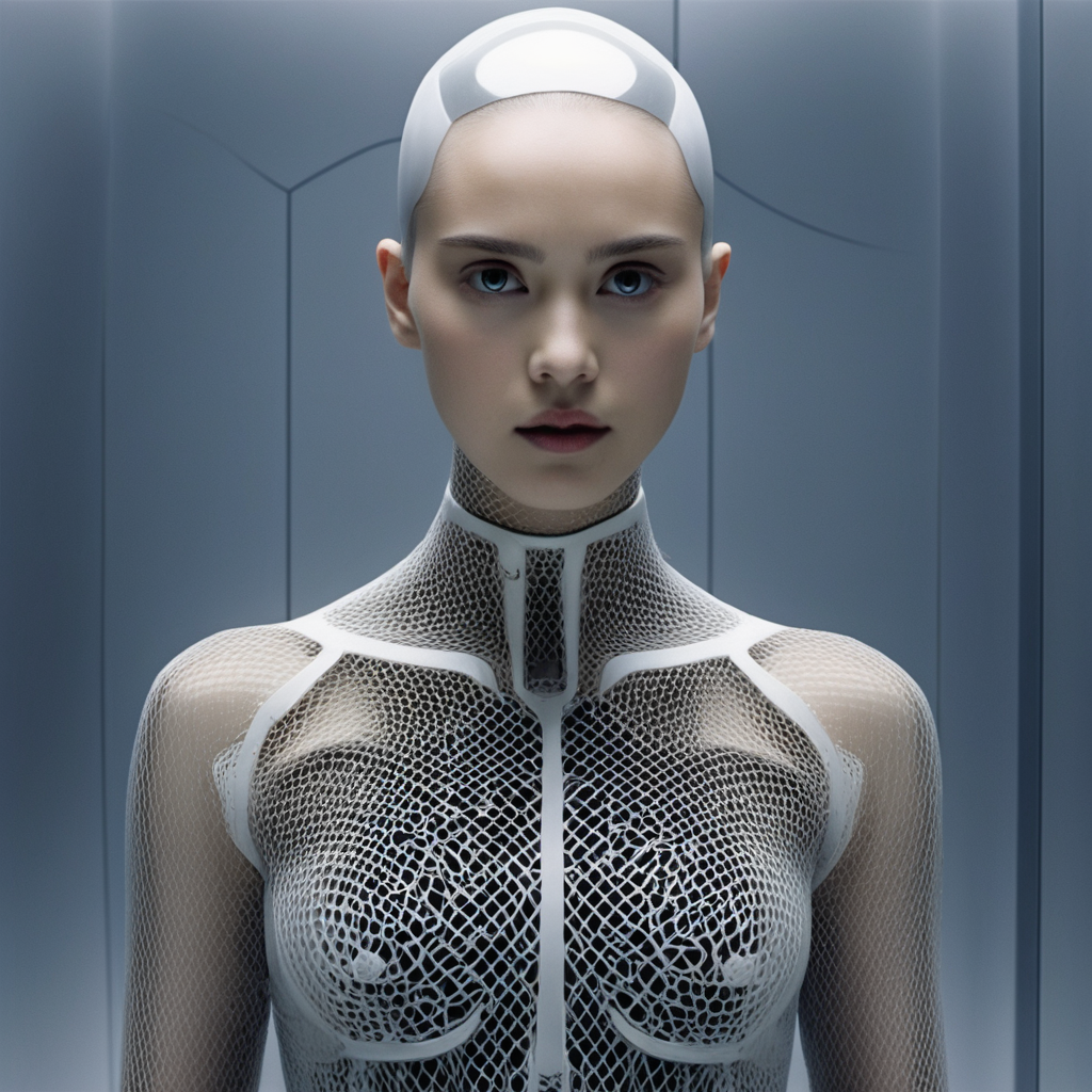 Generate a portrait of Ava from a movie Ex Machina so her human-like face shows but it is evident that she is a robot. Make it so she looks like she is upgraded to be a bit like a mad and moody scientist.