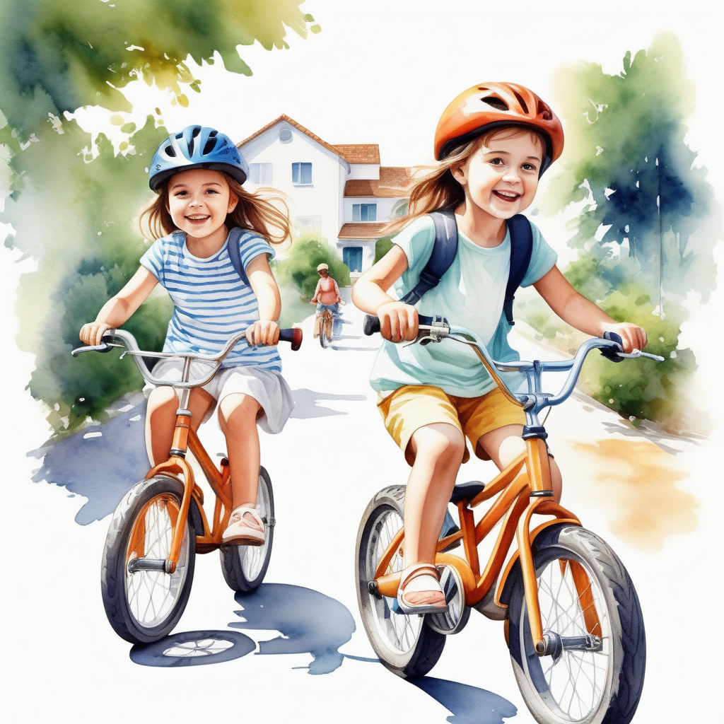 bílé pozadí_vytvoř realistickou ilustraci_realnější tváře_která je určena pro děti _  Téma Letní prázdniny: děti jezdí na s rodiči kole_akvarelové barvy
