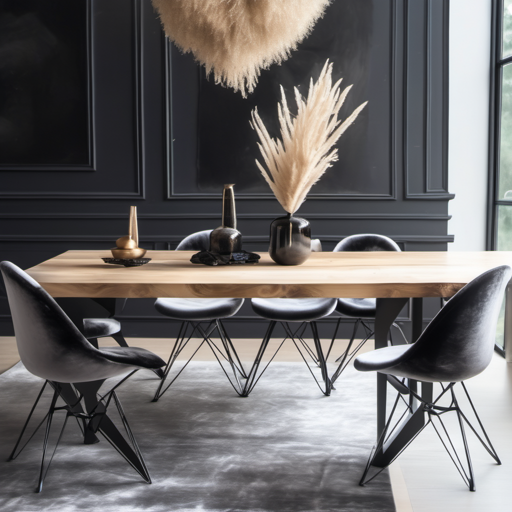 one cozy Interior with table wood with resin. table which metal black legs, make a gray velvet six chair by the table, on table set pampass grass