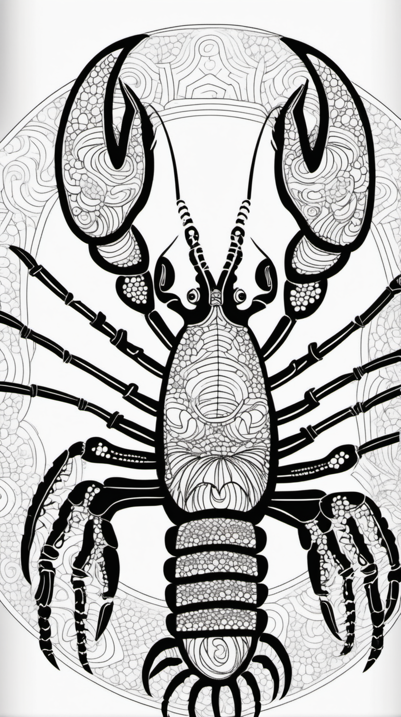 lobster, mandala background, coloring book page, clean line art