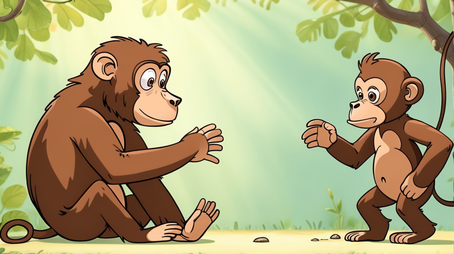 cartoon monkey is talking to a tired brown bear