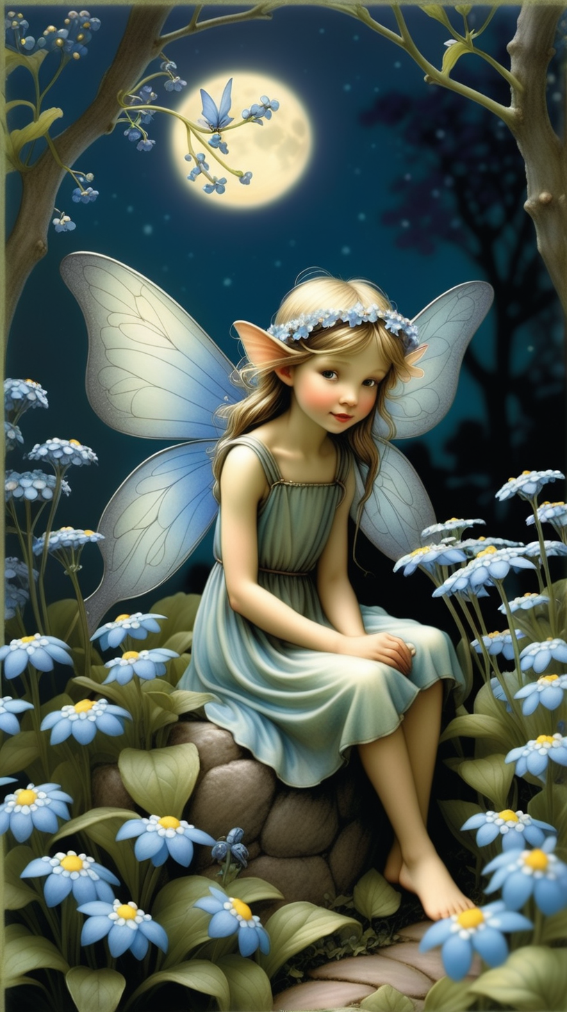 Create a fairy surrounded by forgetmenots under the