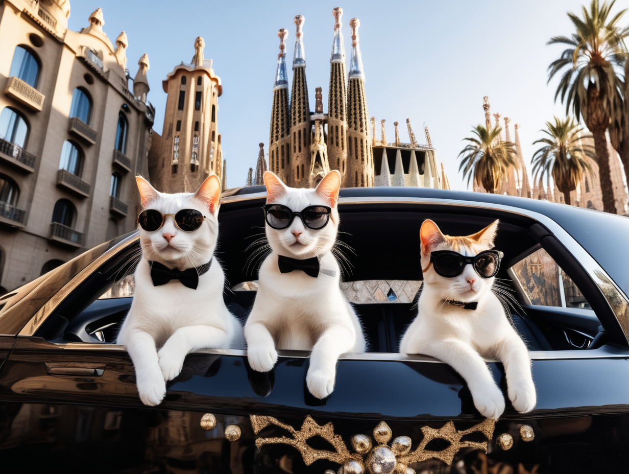 three cats in a luxury car in Barcelona