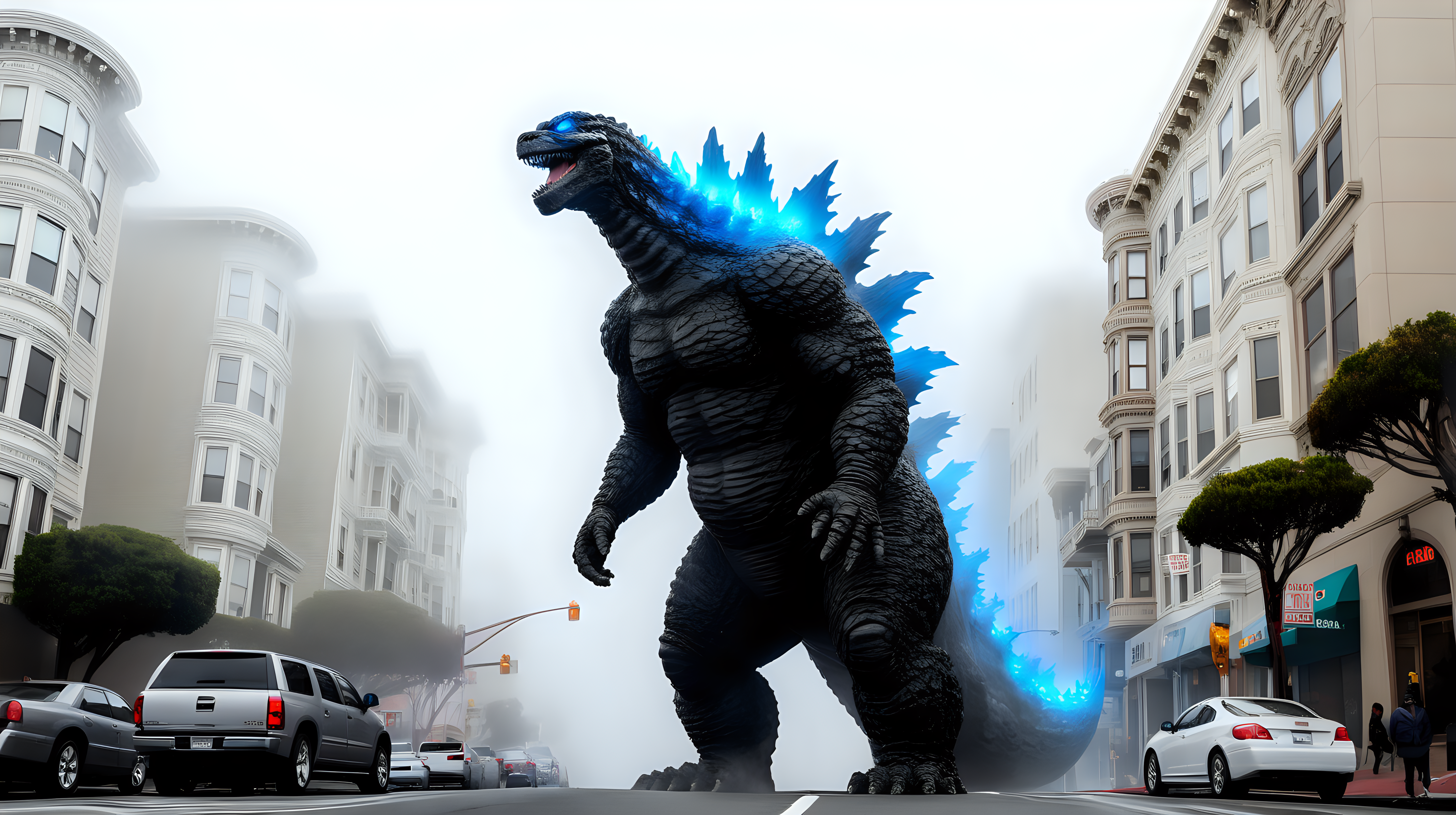 Godzilla on the streets of San Francisco  in fog