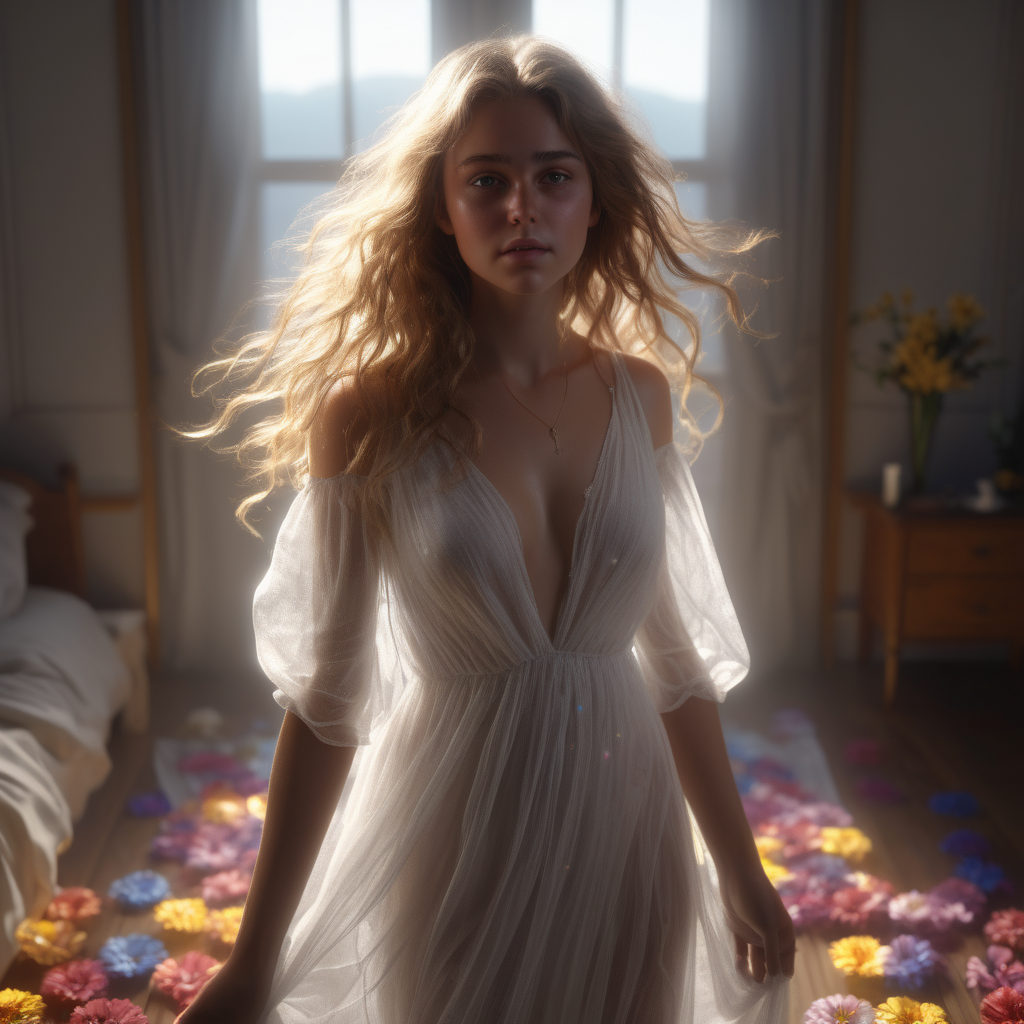 (backlit:1. 4) (volumetric:0. 9) lighting, (godrays:0. 8), best quality, masterpiece, highres, ultra-detailed, 22 year old girl. (messy:1. 3) hair she is wearing white flowing sheer dress. she is (glistening:0. 9) The light is coming from one soft box (directly:1. 1) from above her. <lora:SM_01> BDSM <lora:3DMM_V12> she is in her room with colorful flowers around her, (golden:0. 9) (small:1. 2) particles (floating:1. 1) in the (hazy:1. 3) air.