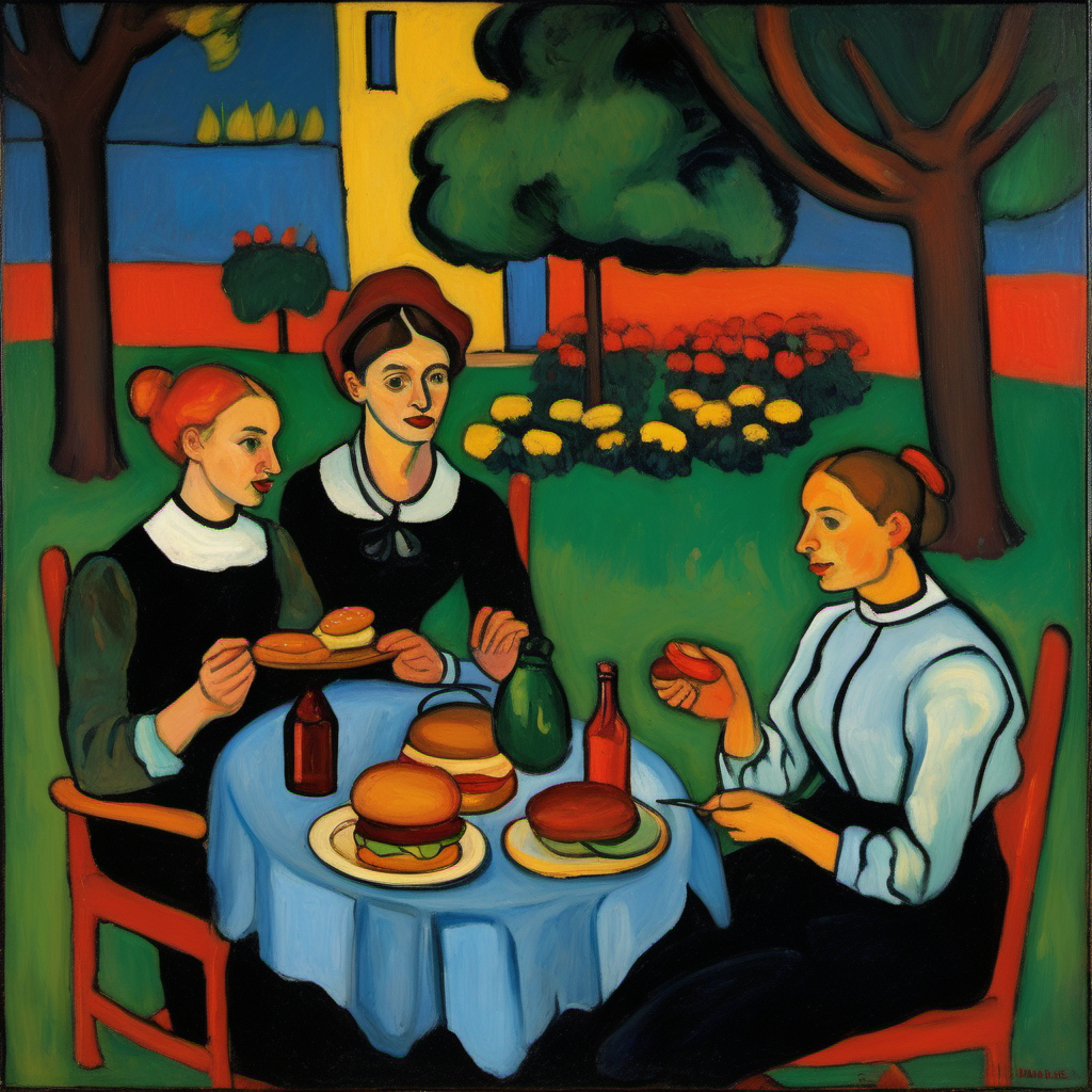 Four people sitting in Gabriele Münter's garden eating burgers, Gabriele Münter oil painting