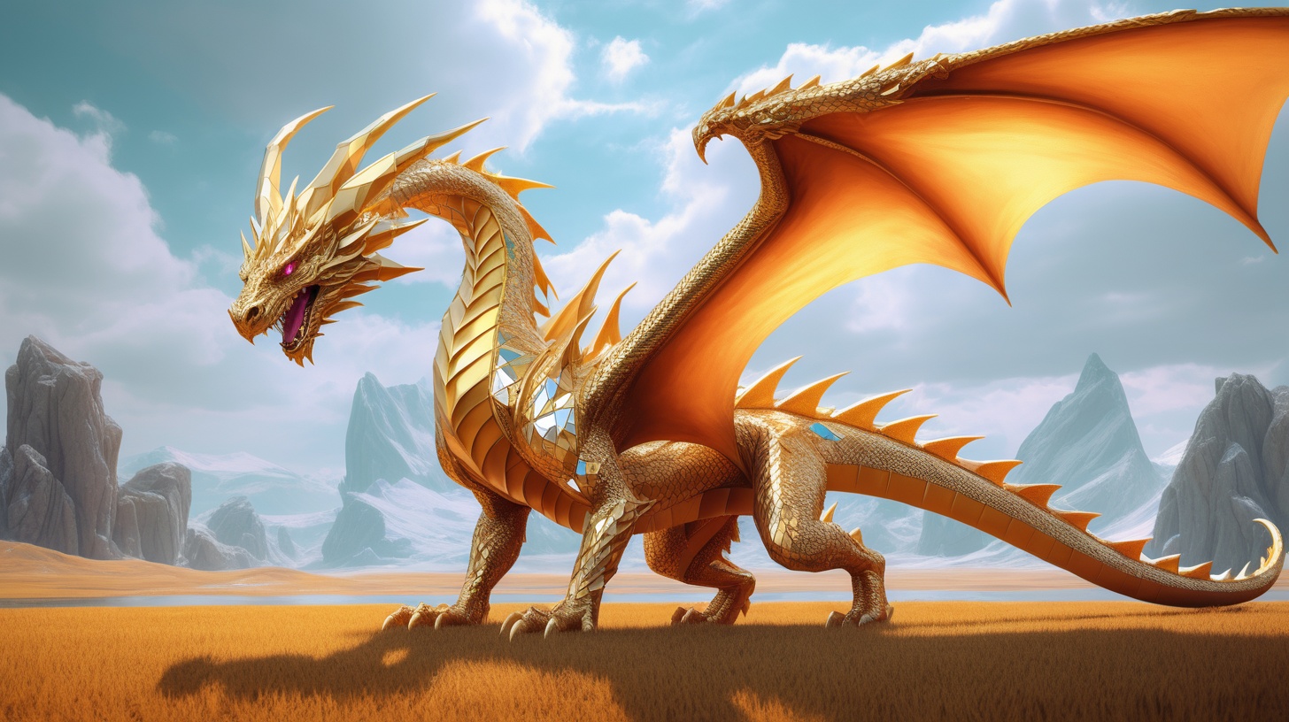 Draw  Stunning  fantasy Dragon diamond pose in the plains