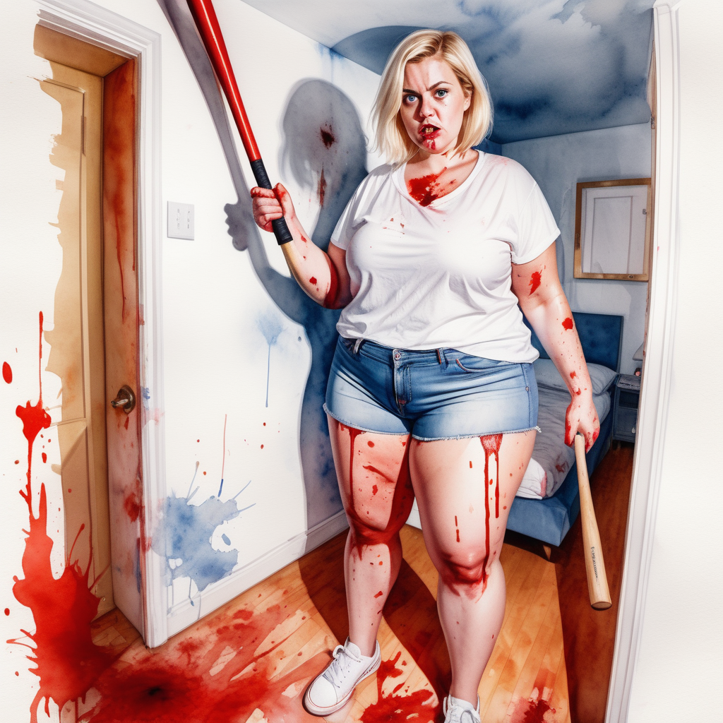 pov image by big Sexy curvy blonde woman, short hair in a white shirt and denim shorts and white tennis shoes with a baseball bat in her bloody hand in in an apartment room, image based in watercolor paint.