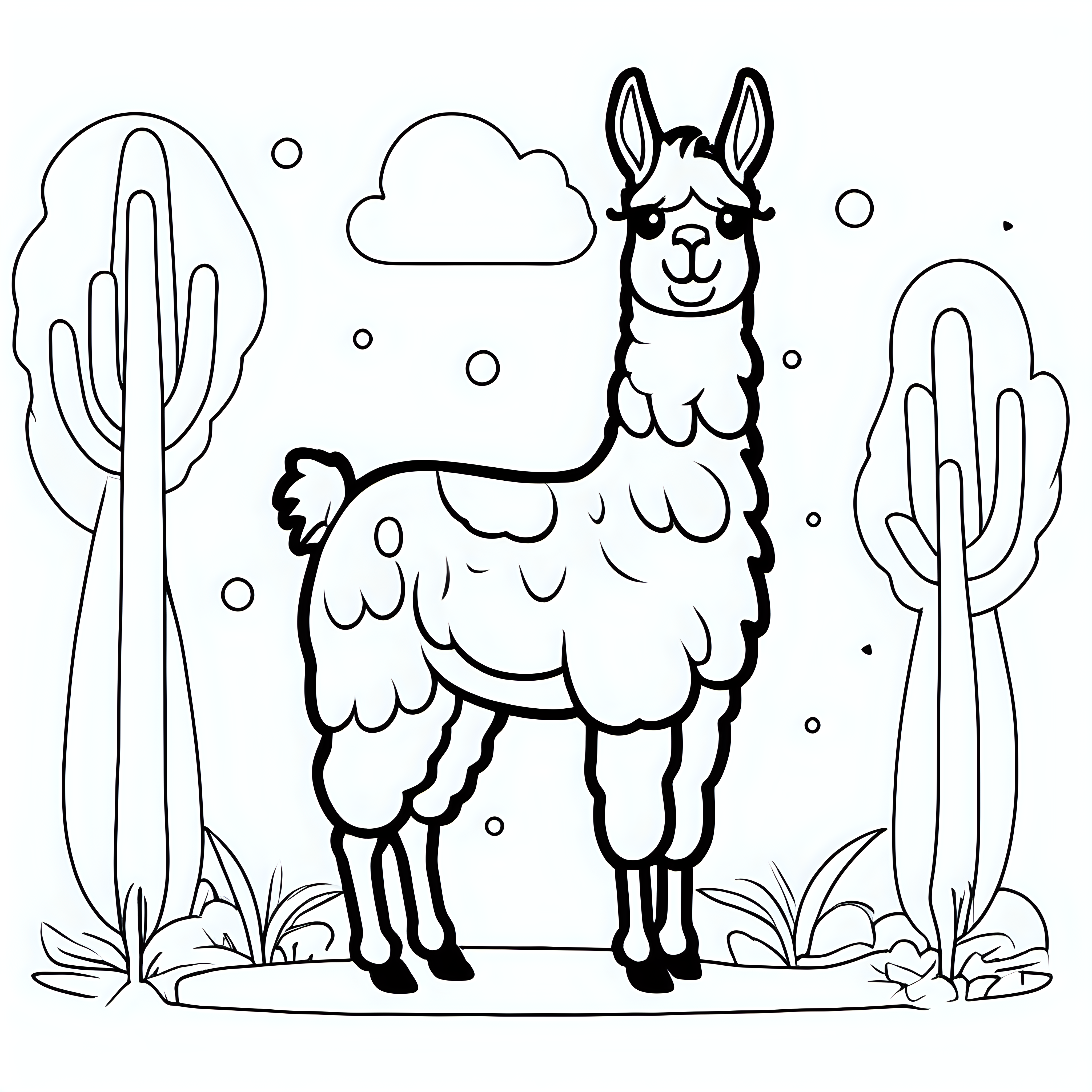 draw a cute lhama animal with only the outline in black for a coloring book for kids