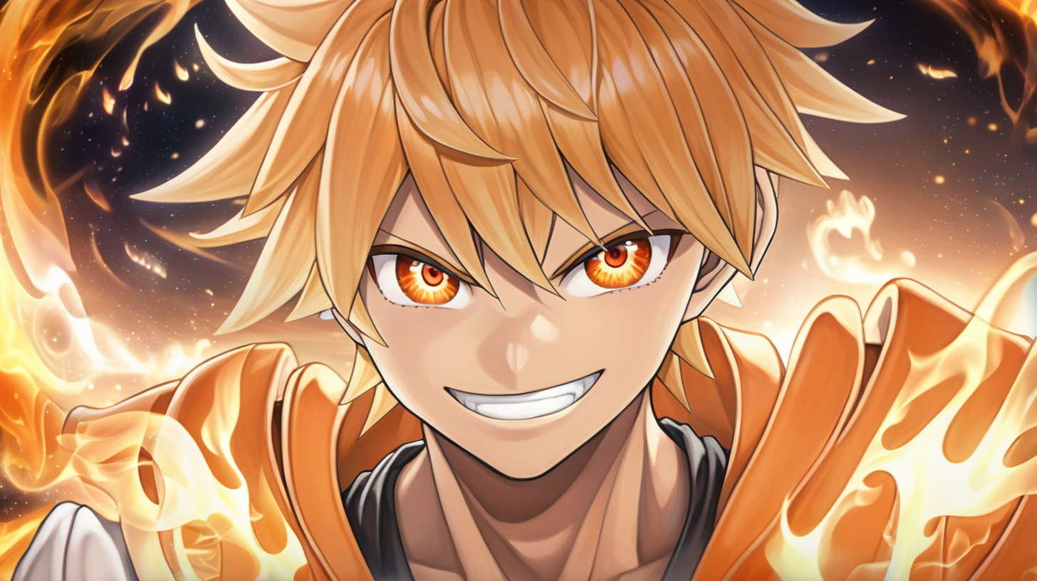 Orange anime eyes, male, fire eyes, hero, blasting angel wings, powerful waves, lights glowing, smile,