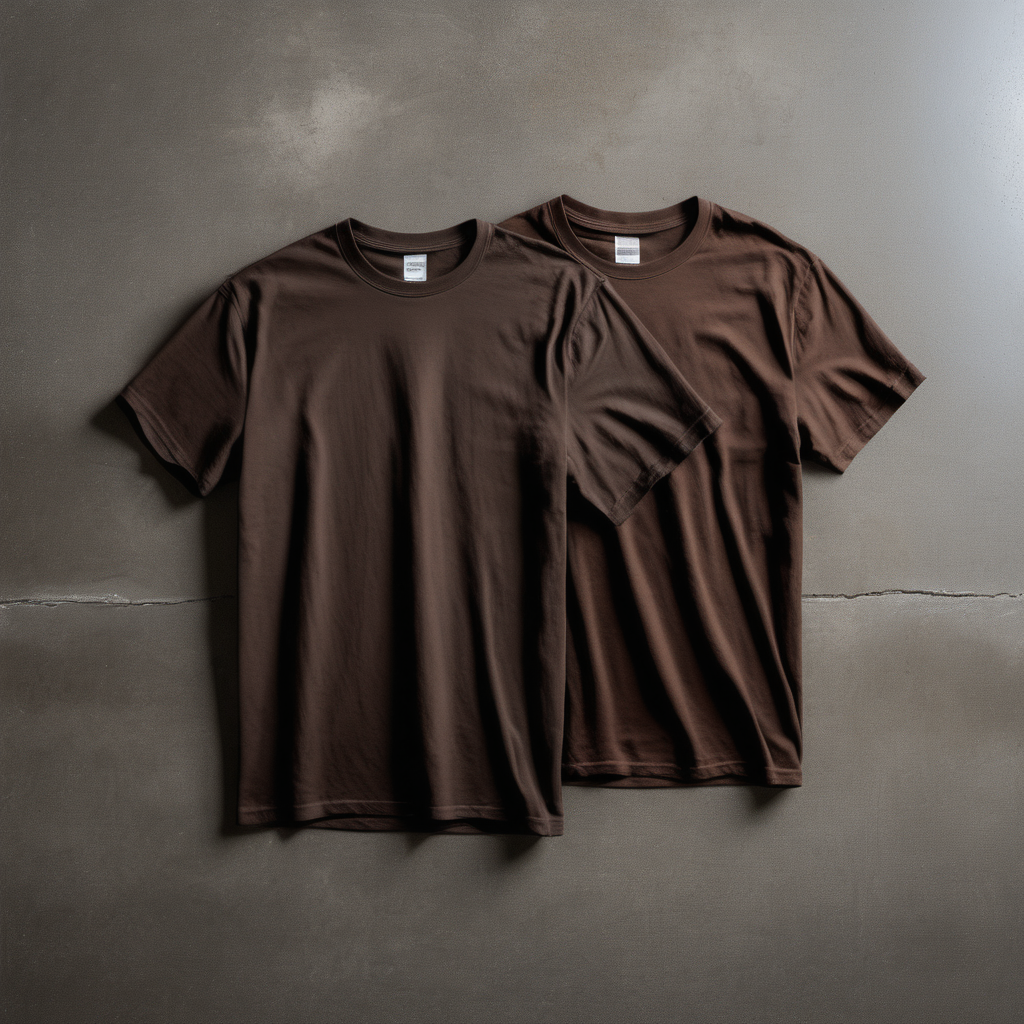 front side of 2 dark brown t-shirts on concrete floor