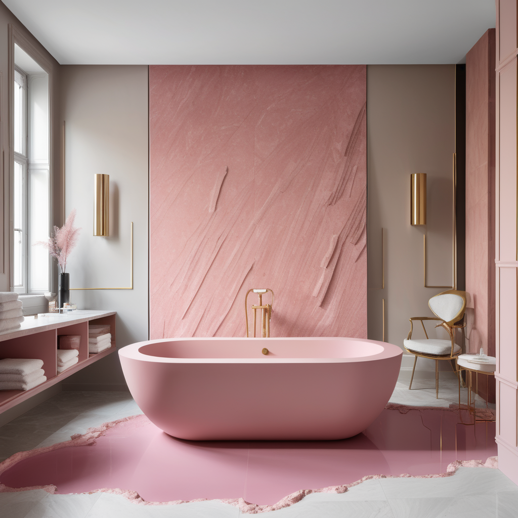 a hyperrealistic image of a bathtub carved from a solid piece of rose quartz in grand modern Parisian bathroom in a beige oak brass colour palette 