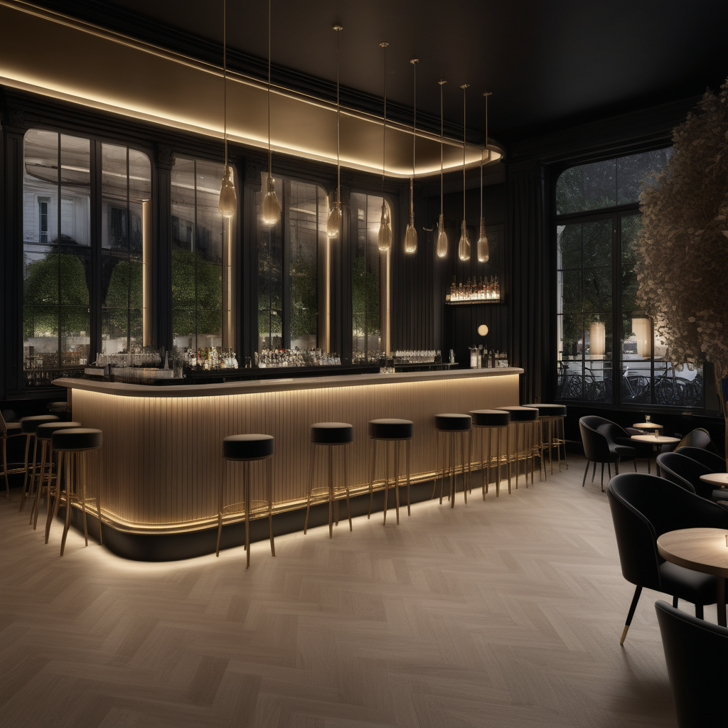 a hyperrealistic of a grand modern Parisian cafe and bar at night with mood lighting,  floor to ceiling windows with a view of the gardens, in a beige oak and brass and black colour palette
