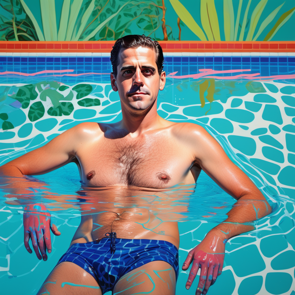 (Hunter biden)++ swimming in the style of (David Hockney)++